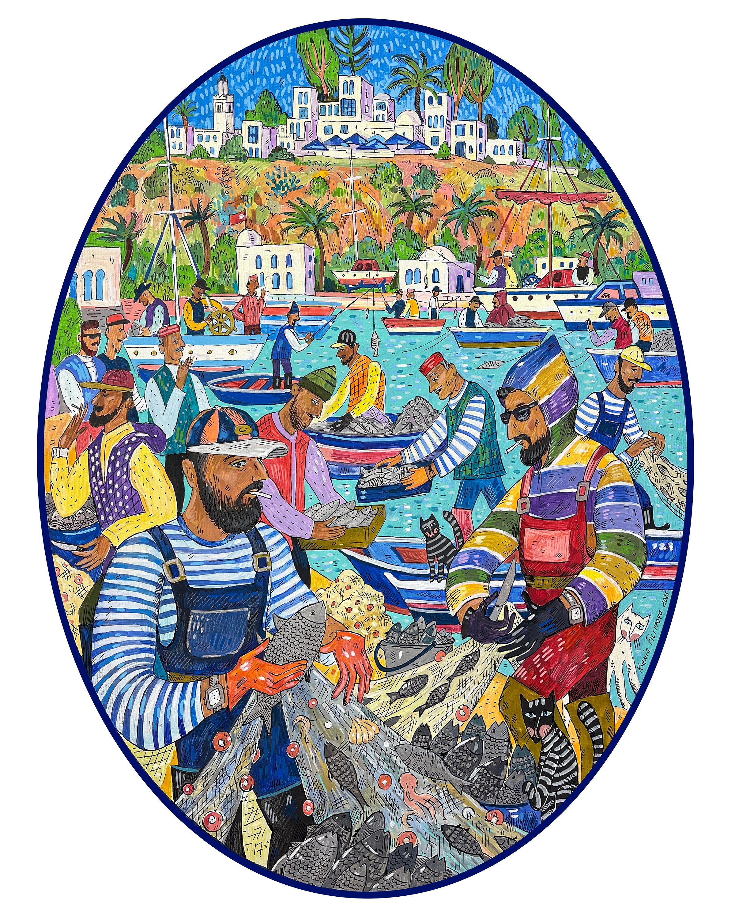 Sidi bou Said's Fishermen, acrylic markers and ink on canvas, 40 × 30 cm (oval), 2025