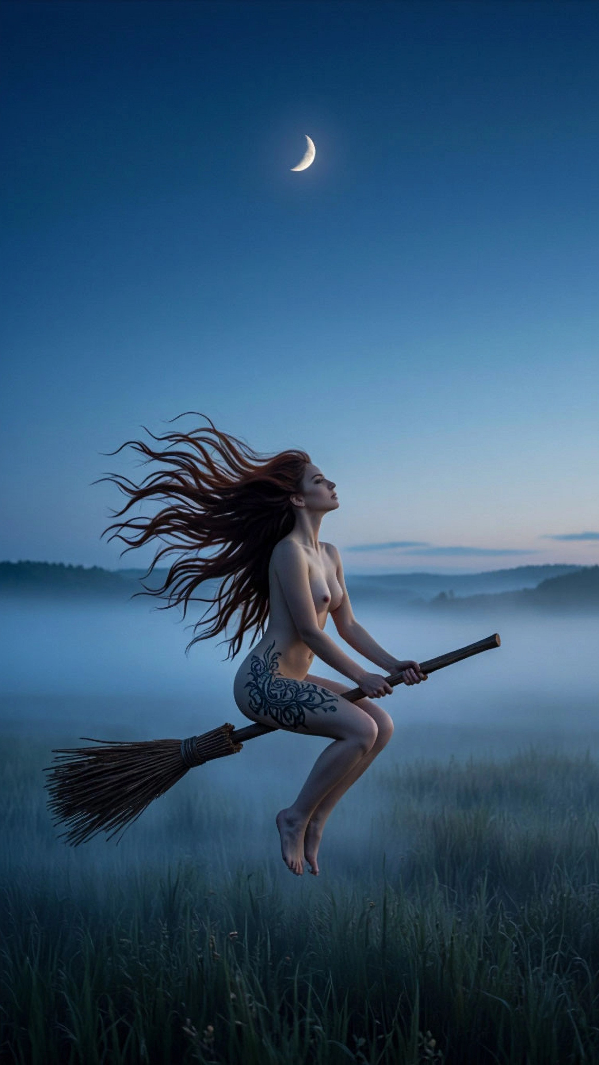 A photorealistic photograph woman with fair skin and long flowing dark brown hair riding a wooden broomstick across a misty open field at twilight, she is nu, she sits sideways on the broom with bent and legs tucked, gripping the thin wooden handle firmly with both hands while leaning slightly forward, her head tilted upward with a serene expression as she gazes at the small crescent moon high in the sky, her voluminous hair whipping dramatically behind her in the wind, intricate black tattoos visible across her right thigh and calf, the broom features a straight dark handle and dense frayed bristles trailing behind, the landscape below is covered in tall dark green grass partially obscured by thick layers of cool blue fog, distant low hills fade into the haze, the sky shows a smooth gradient from deep indigo at the top to softer steel blue near the horizon with the moon emitting a faint glow, soft volumetric mist diffuses all light creating gentle atmospheric perspective, captured on a Canon EOS R5 with an 85mm f/1.4 lens at low ISO, shallow depth of field keeping the woman and broom sharply detailed while the foreground grass and distant hills melt into smooth bokeh, cool cinematic color grading with desaturated blue tones, subtle film grain, moody and ethereal mood, ultra realistic rendering, high detail, 8K resolution.