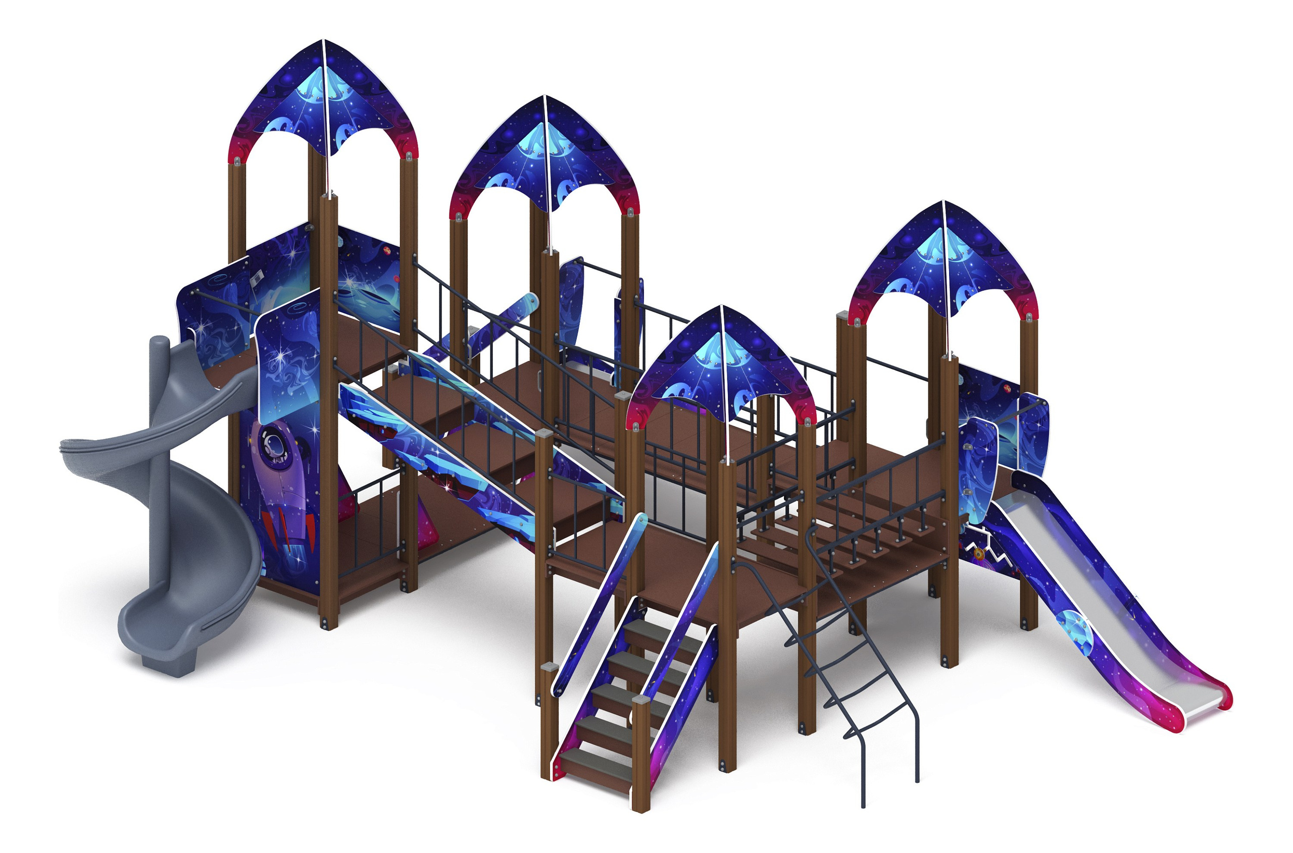 Космопорт (Космос) - ДИК 2.14.02-02.И1 - Игровой комплекс H=750 H=1200 H=2000                                                                           Габариты (ШхДхВ): 6430x7660x4500                                                                                                                                                                       Зона безопасности, мм: 10430х11660                                                                                                                                                                     Скат горки: H=750 (металлический скат) / H=1200 (металлический скат) / H=2000 (винтовой скат)                                          Возрастные ограничения от 5 до 12 лет