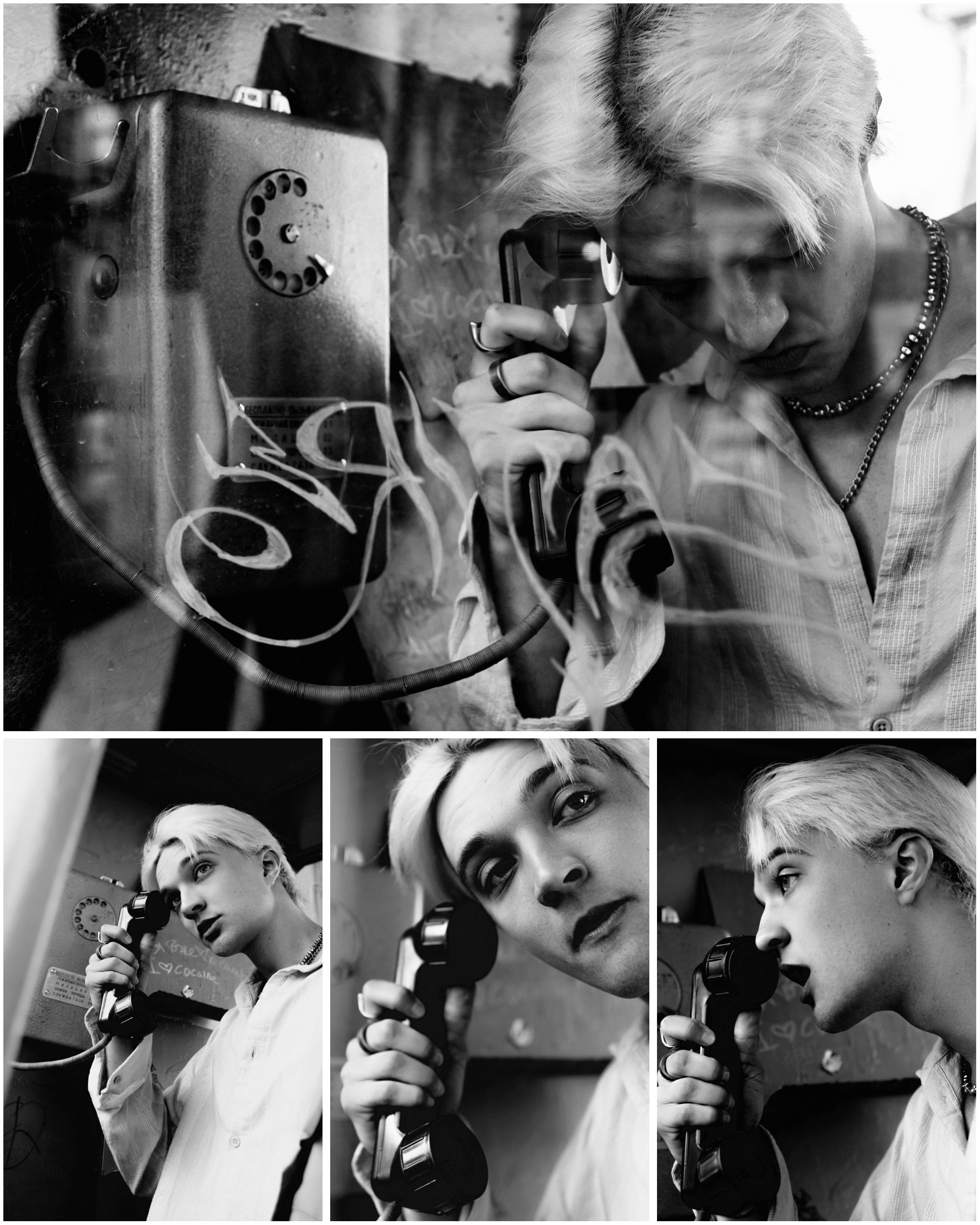 чб фото парня в телефонной будке в кино-стиле