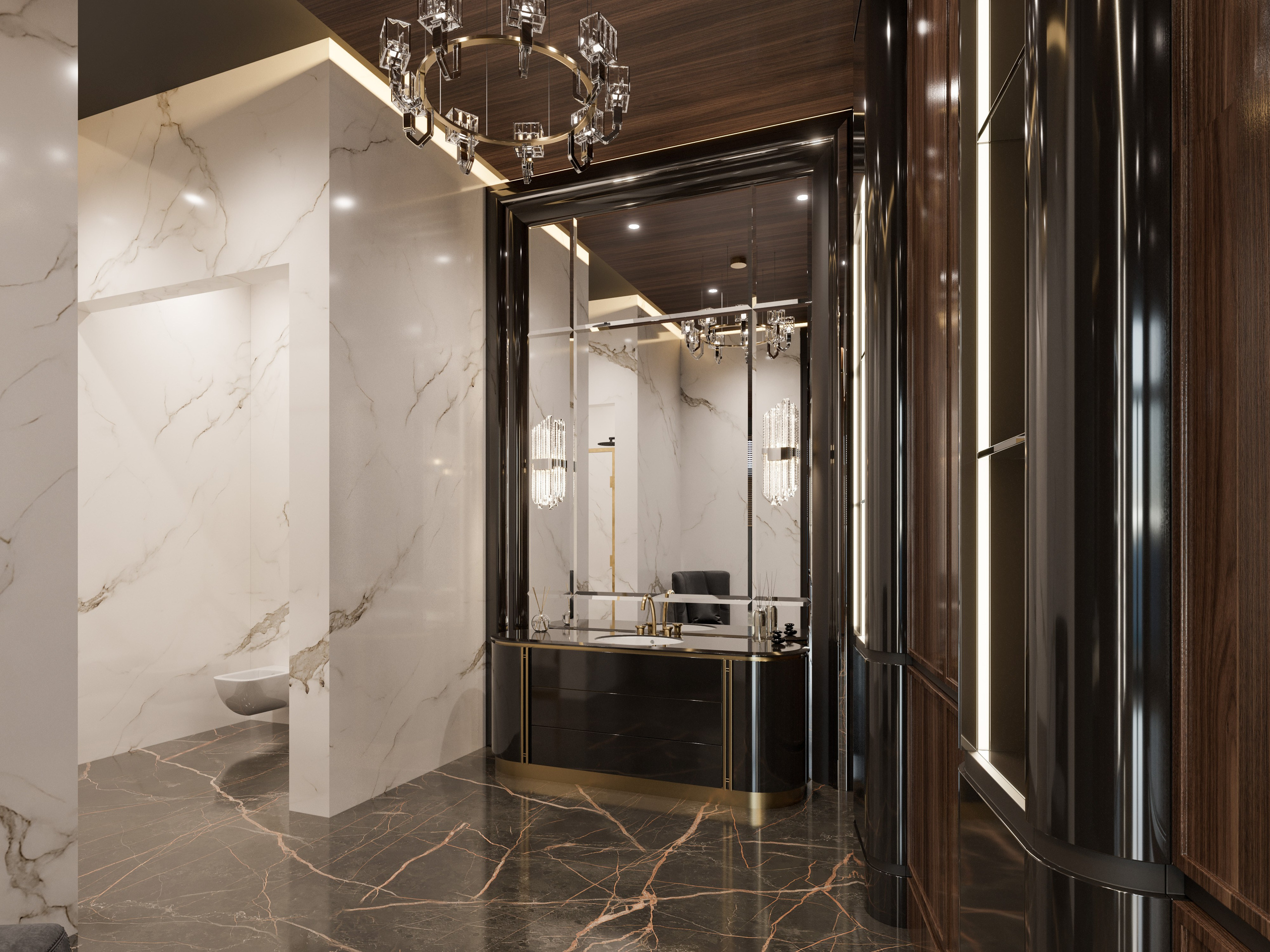 3D визуализация санузла в мужской спальне с мраморной отделкой и классической мебелью