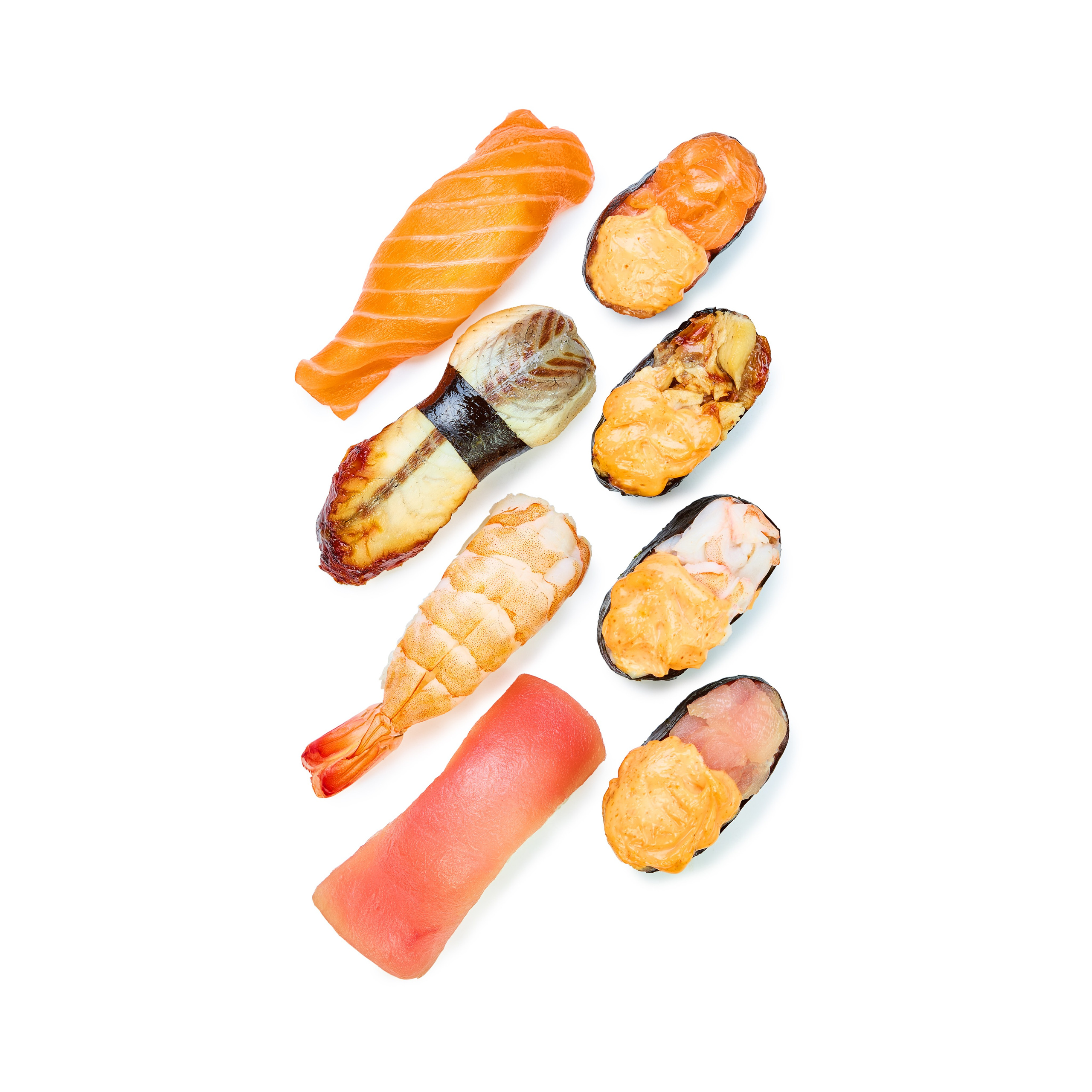 Традиционное японское блюдо - суши с креветкой, суши с угрём, суши с лососем, суши с тунцом.