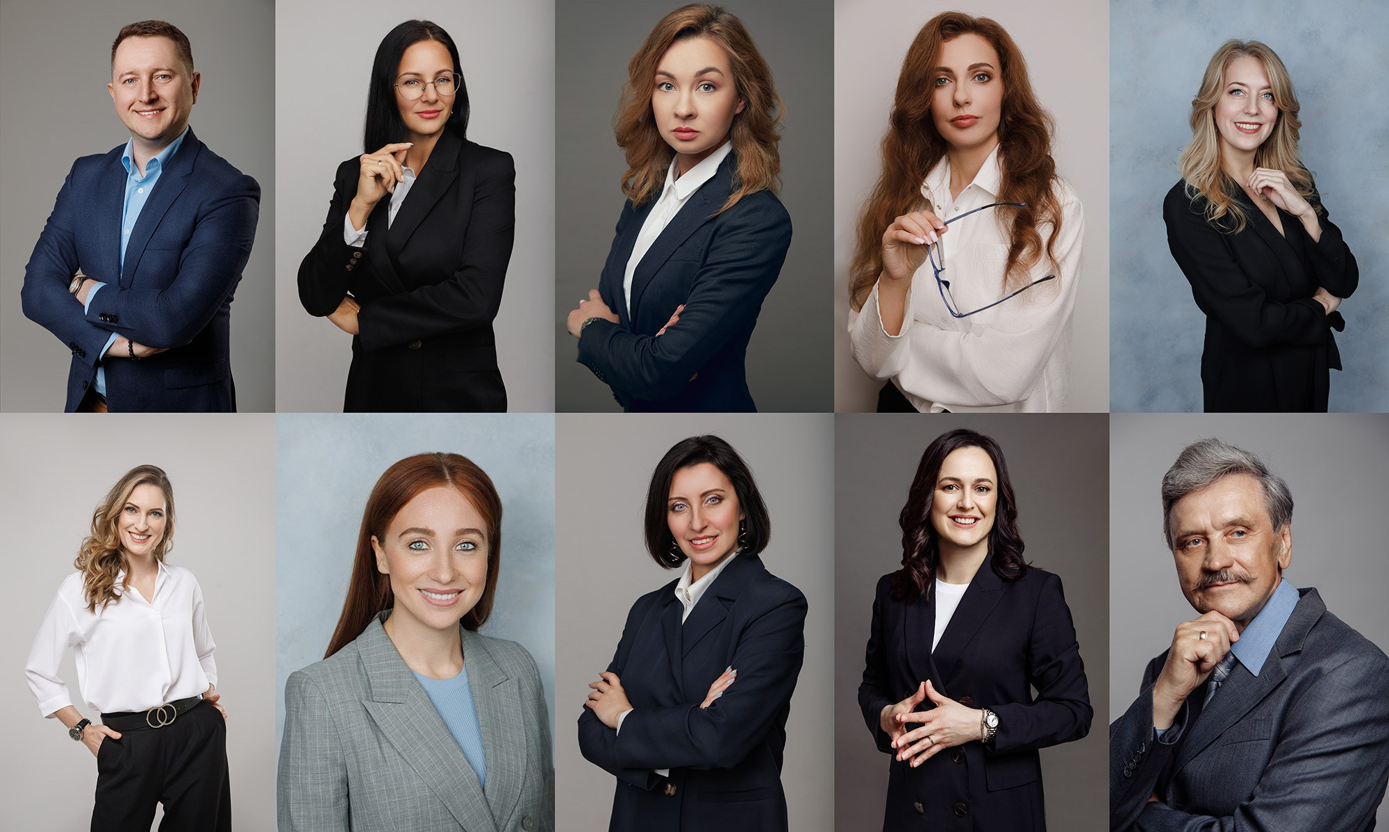 Серия индивидуальных портретов сотрудников компании на студийном фоне.
