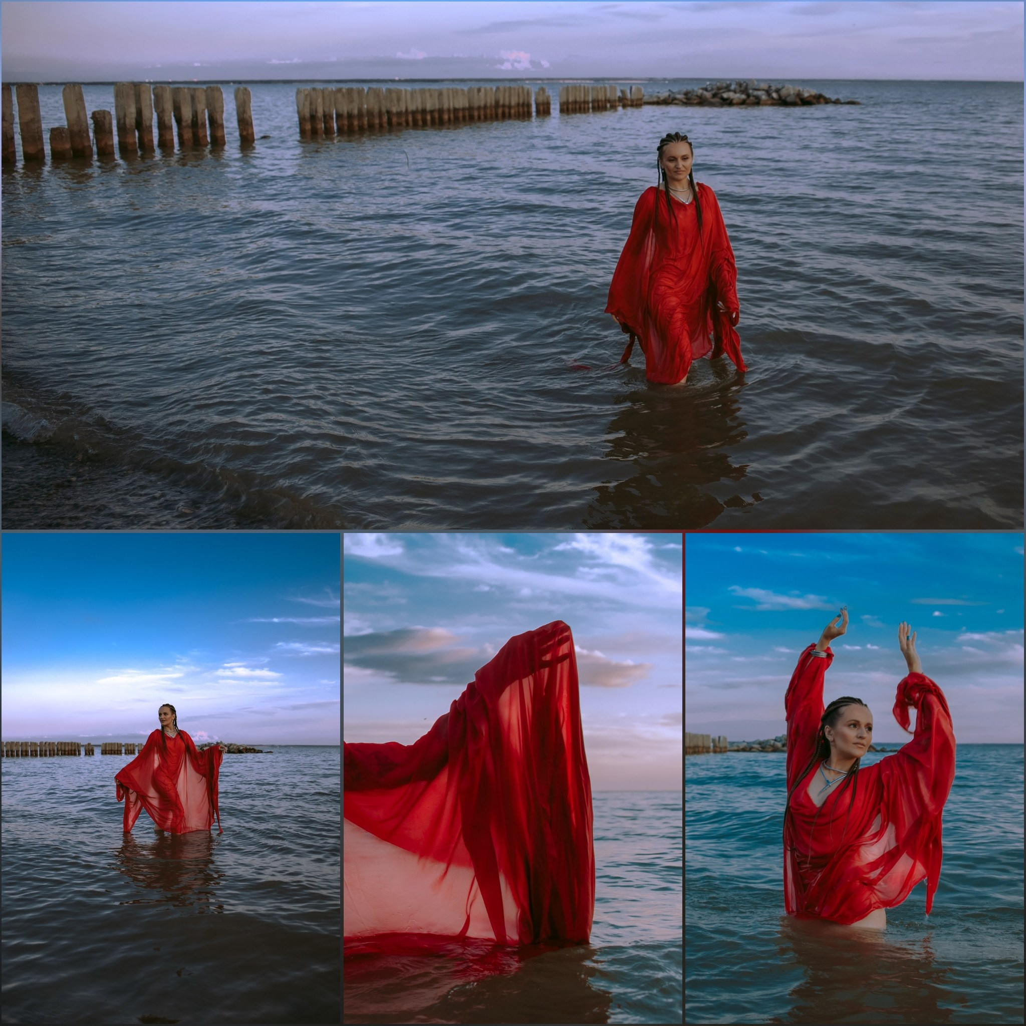 девушка в красном платье в воде