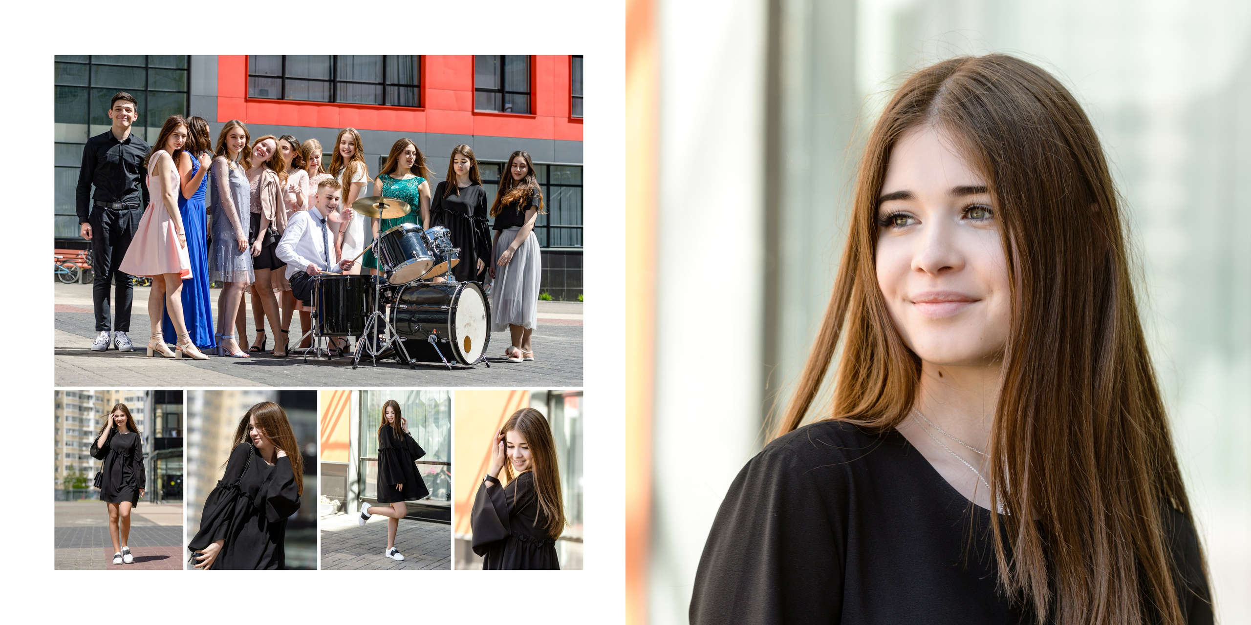 Коллажный разворот: общая фотография у школьного фасада и крупный портрет ученицы.