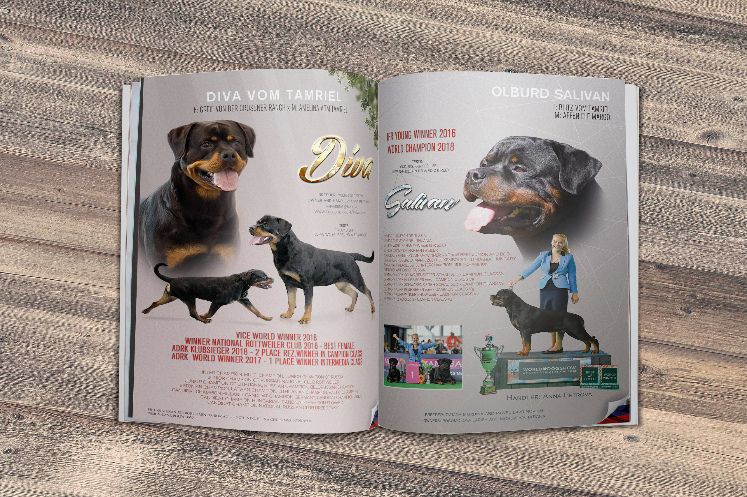 Макет разворота с презентацией кобеля и суки ротвейлера.
Формат А4