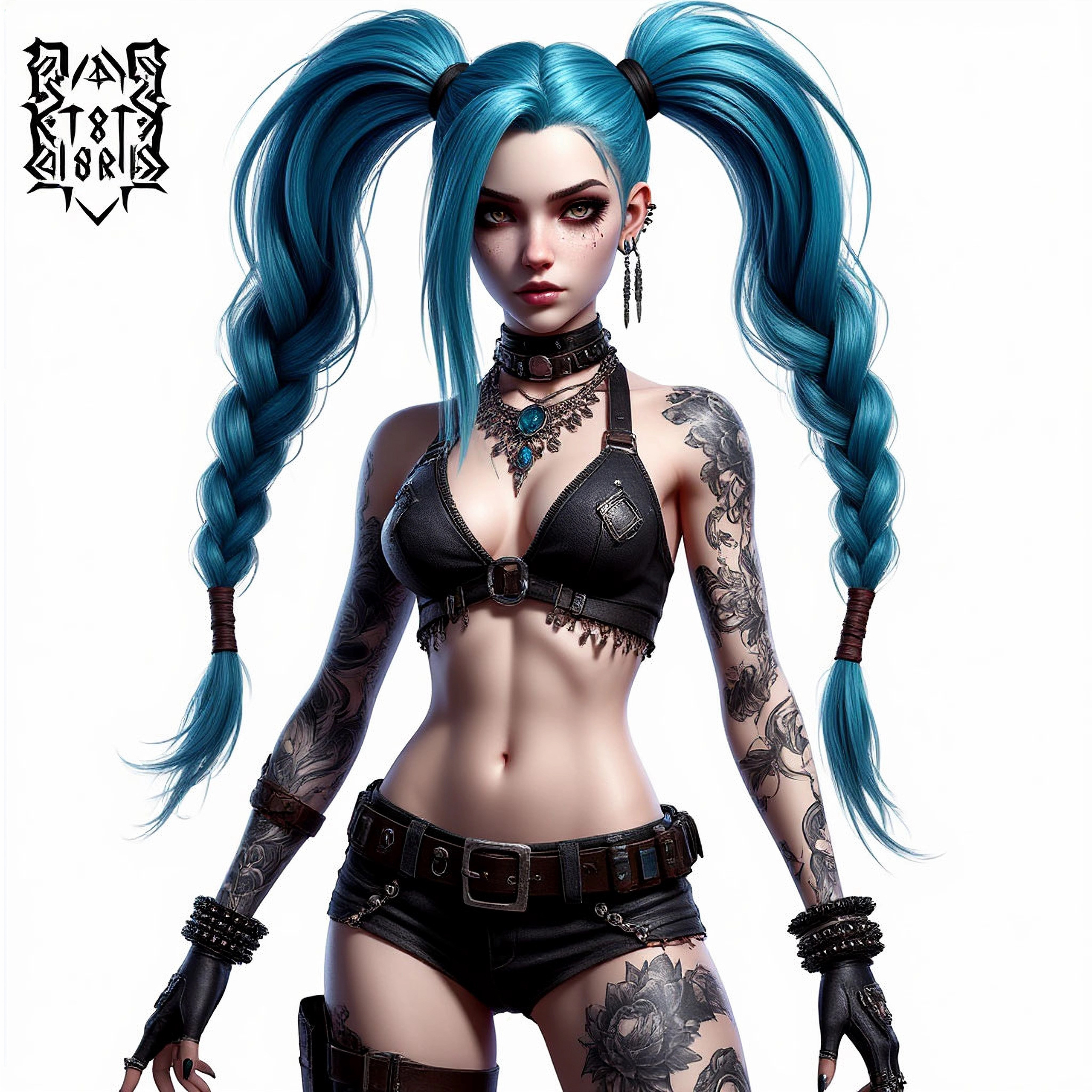 Джинкс из Лиги Легенд в кожаном топе и шортах