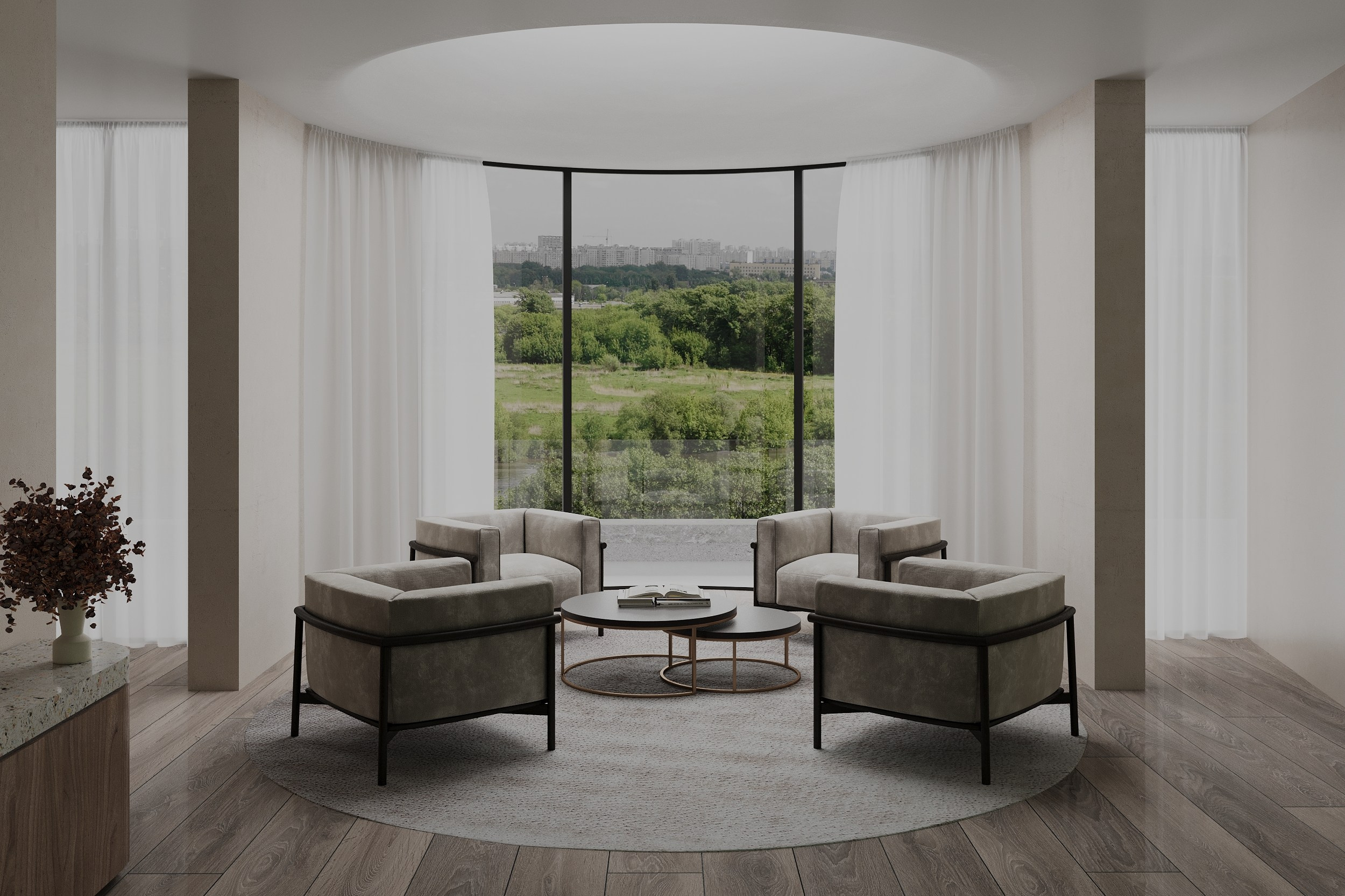 Round living room. 3D Визуализация интерьеров жилых и коммерческих помещений