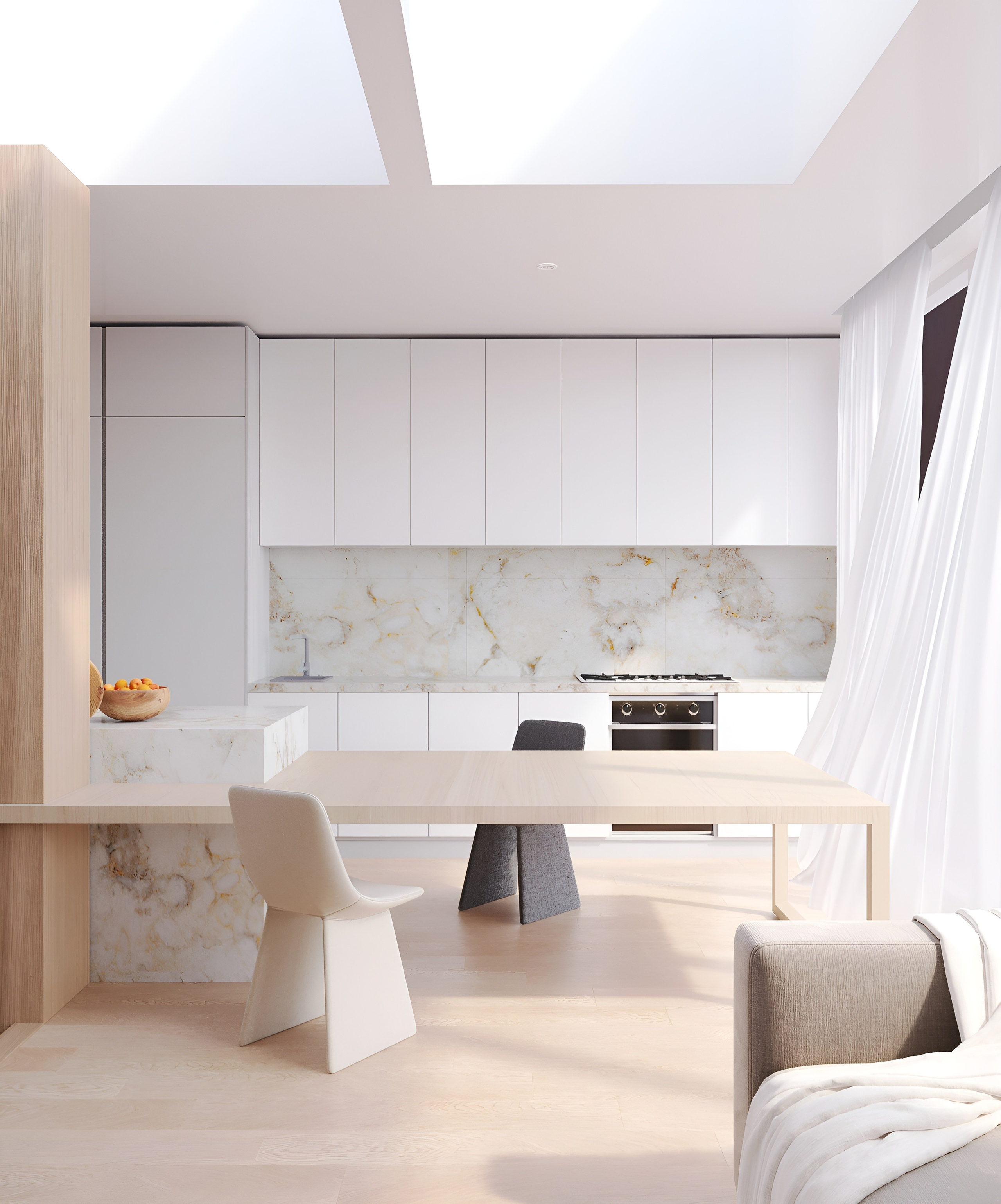 Кухня-гостиная с зенитными окнами. 3D Визуализация интерьеров жилых и коммерческих помещений