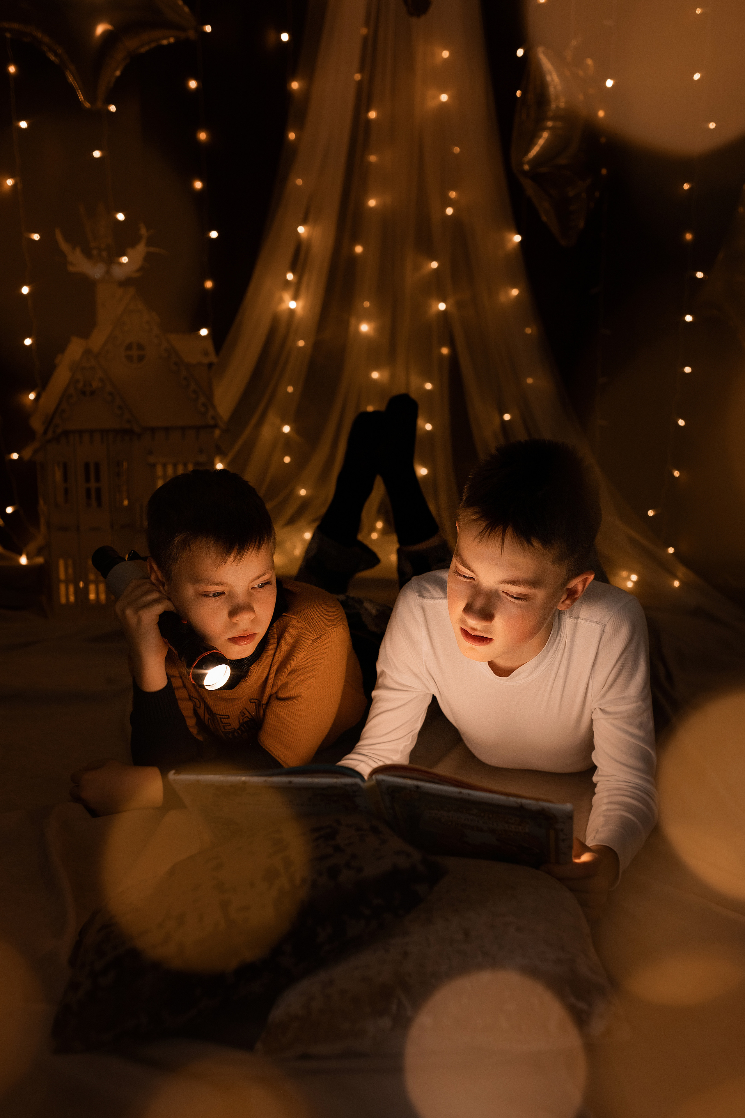 дети читают книгу в темноте с фонарём