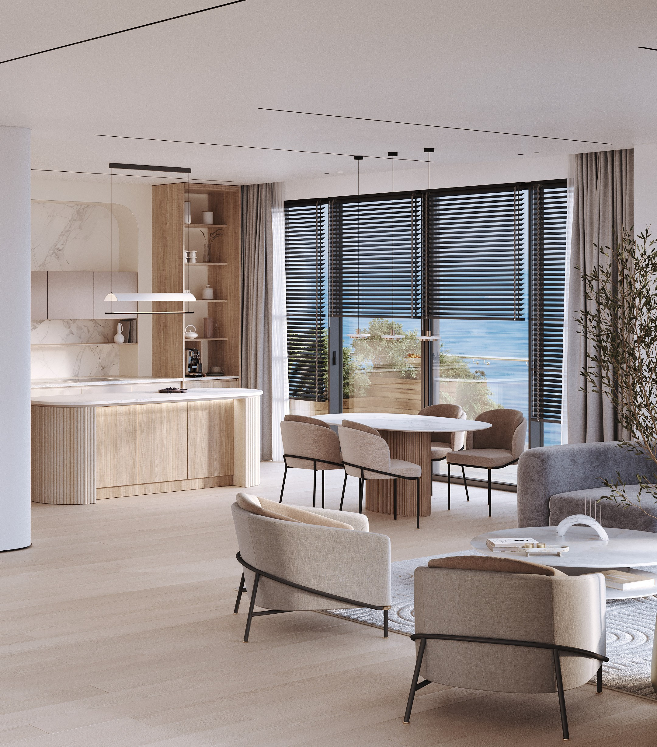 визуализация кухни - гостиной в минималистичном современном  стиле