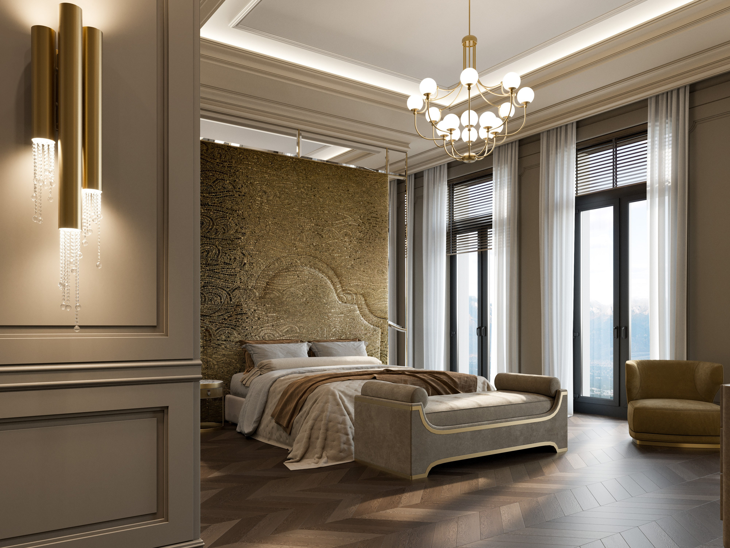 3D визуализация светлой женской спальни с золотыми акцентами и зоной отдыха