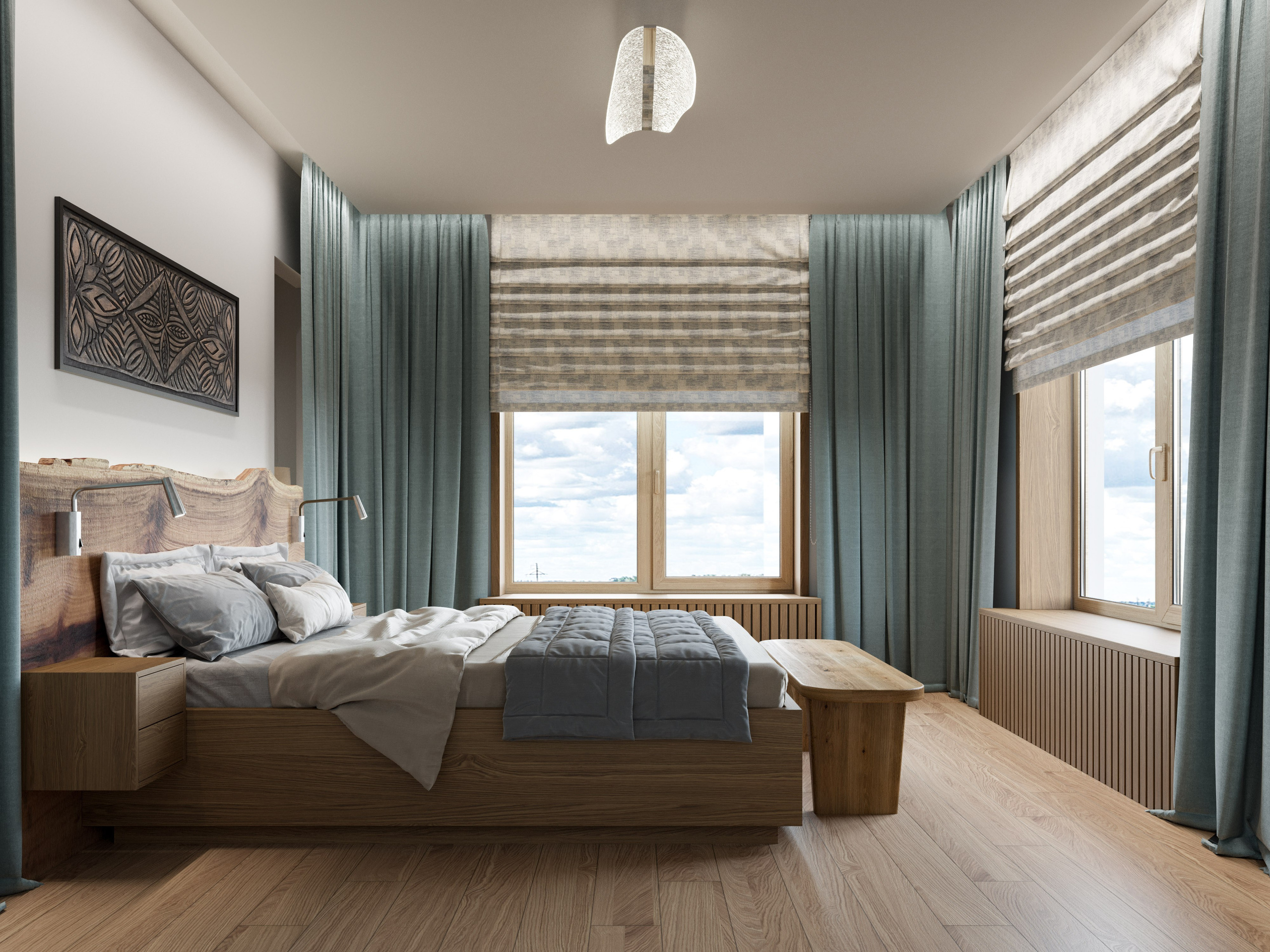 3D визуализация спальни в современном стиле с кроватью с подсветкой и консольными тумбами