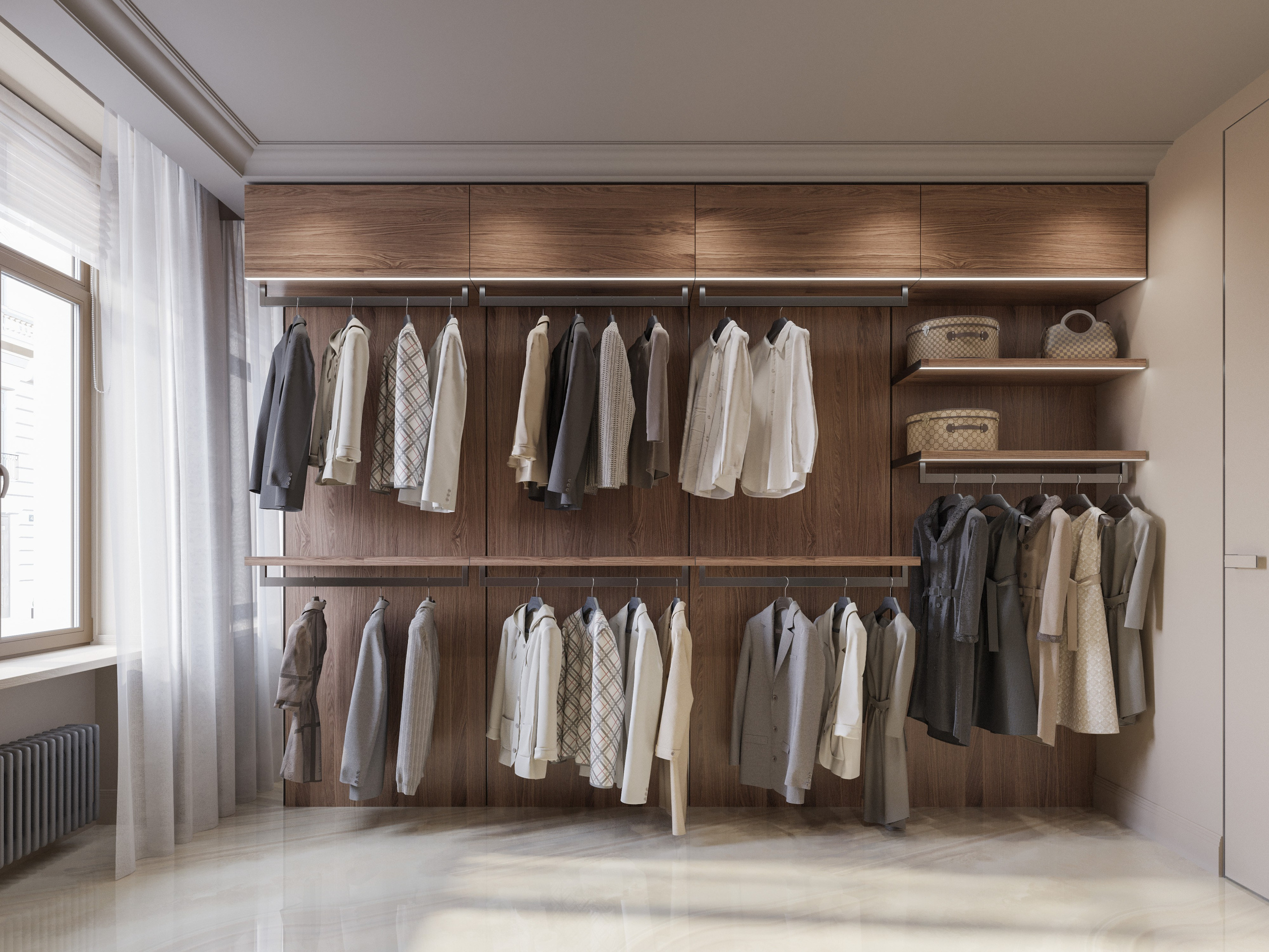 Гардеробная комната в двухэтажной квартире: система хранения с выдвижными ящиками и штангами для одежды