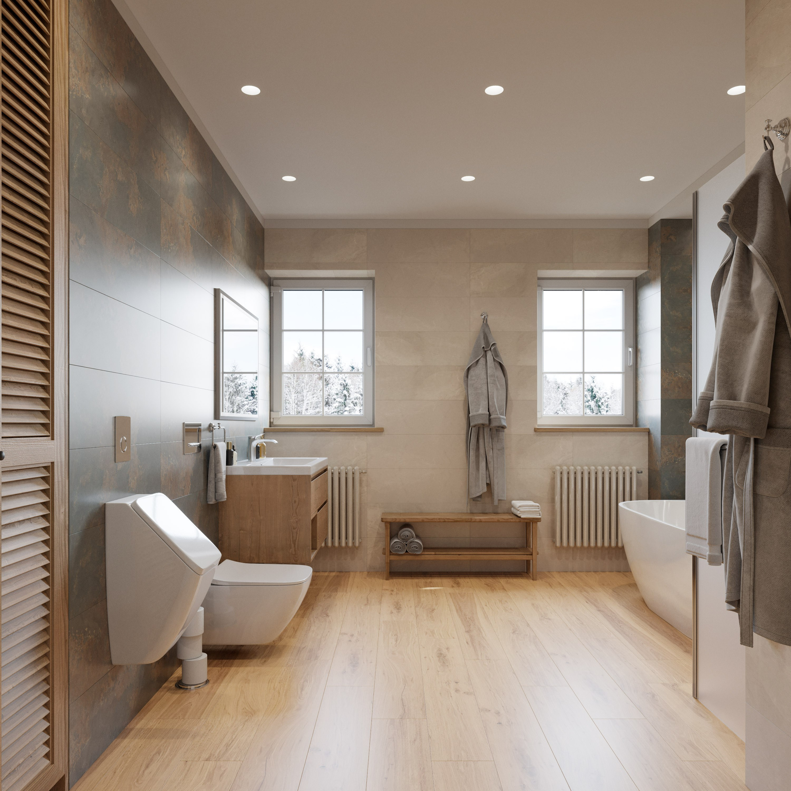 Светлая ванная комната с окнами и душевой