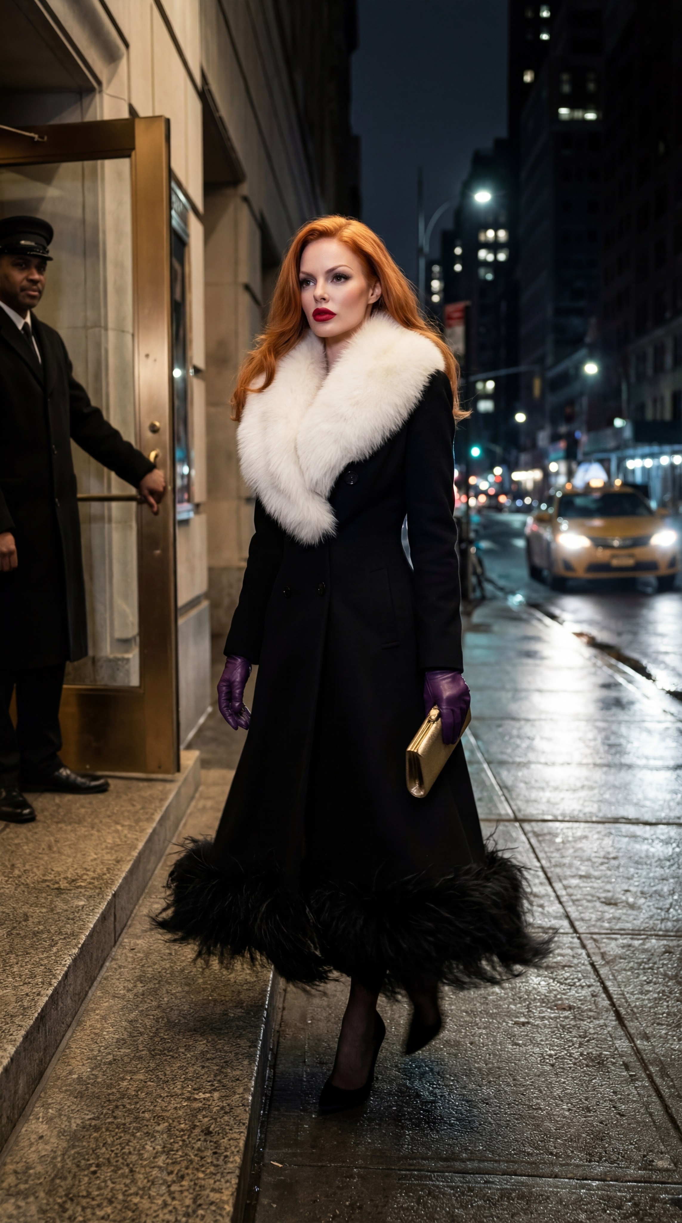 AI-фото рыжей женщины в чёрной пышной юбке на ночной улице города, нейро-контент для fashion editorial Jessica Rabbit, AI-визуал ночная кинематографичная съёмка