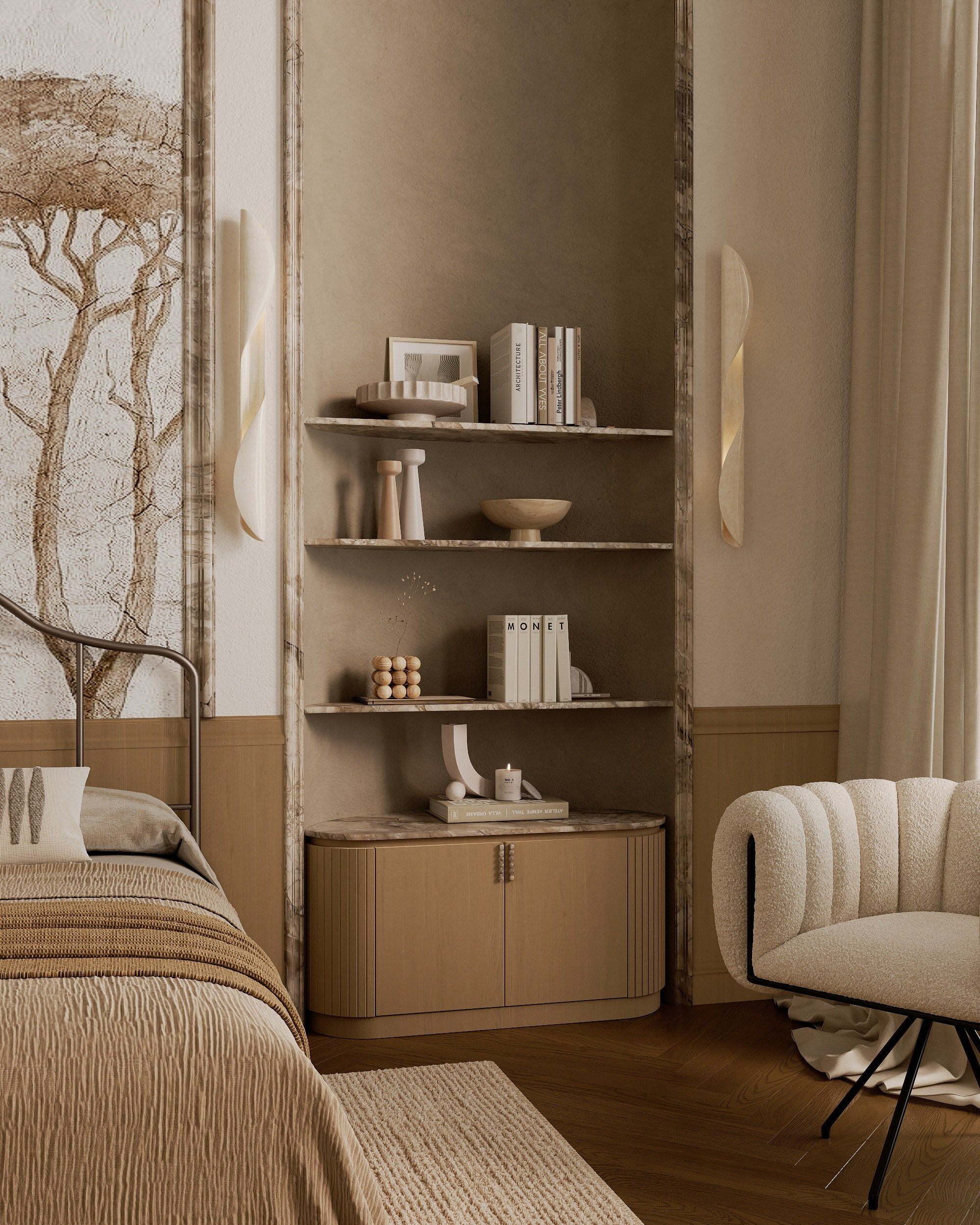 Bedroom interior in the spirit of neoclassicism and minimalism. Solovets visualization