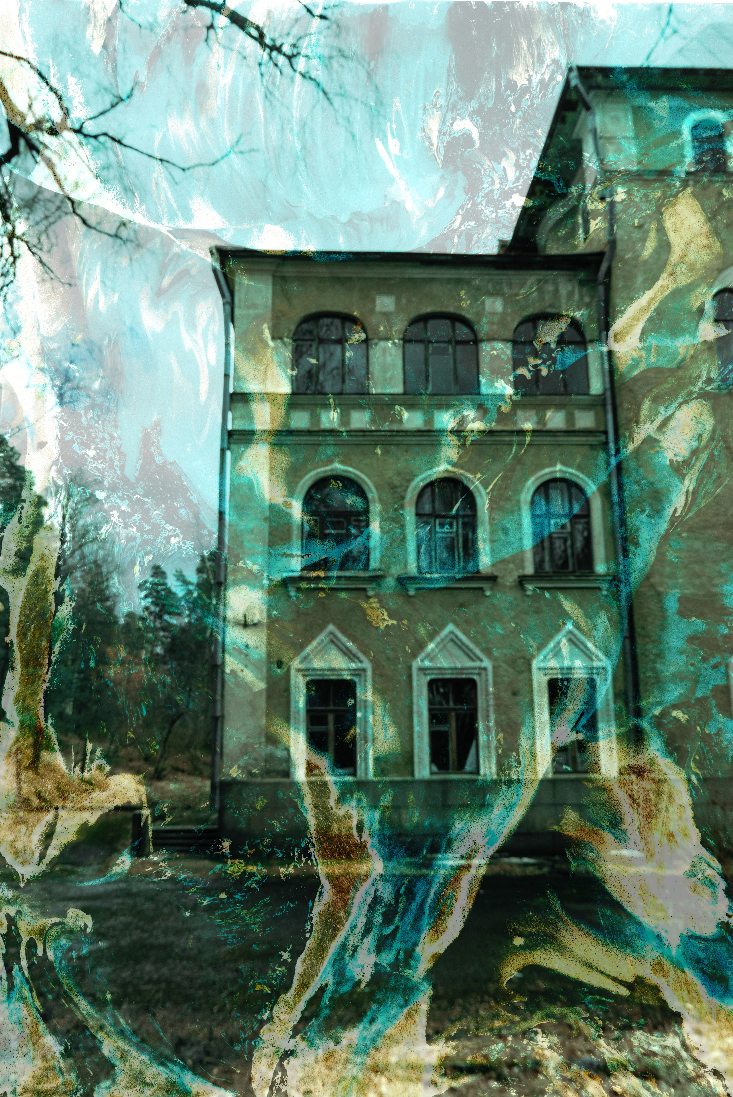 Атмосферное, сюрреалистическое изображение усадьбы Марковилла, запечатленное с помощью абстрактных закручивающихся цветов и мягкого фокуса. Историческое здание резко контрастирует со сказочным качеством окружающего ландшафта. Смешение природы и архитектуры создает жуткую атмосферу, а наложенные узоры вызывают ощущение таинственности и заброшенности. Изогнутые ветви и далекие деревья обрамляют поместье, намекая на его возраст и давно забытые истории, приглашая зрителей в завораживающее повествование усадьбы Марковилла.