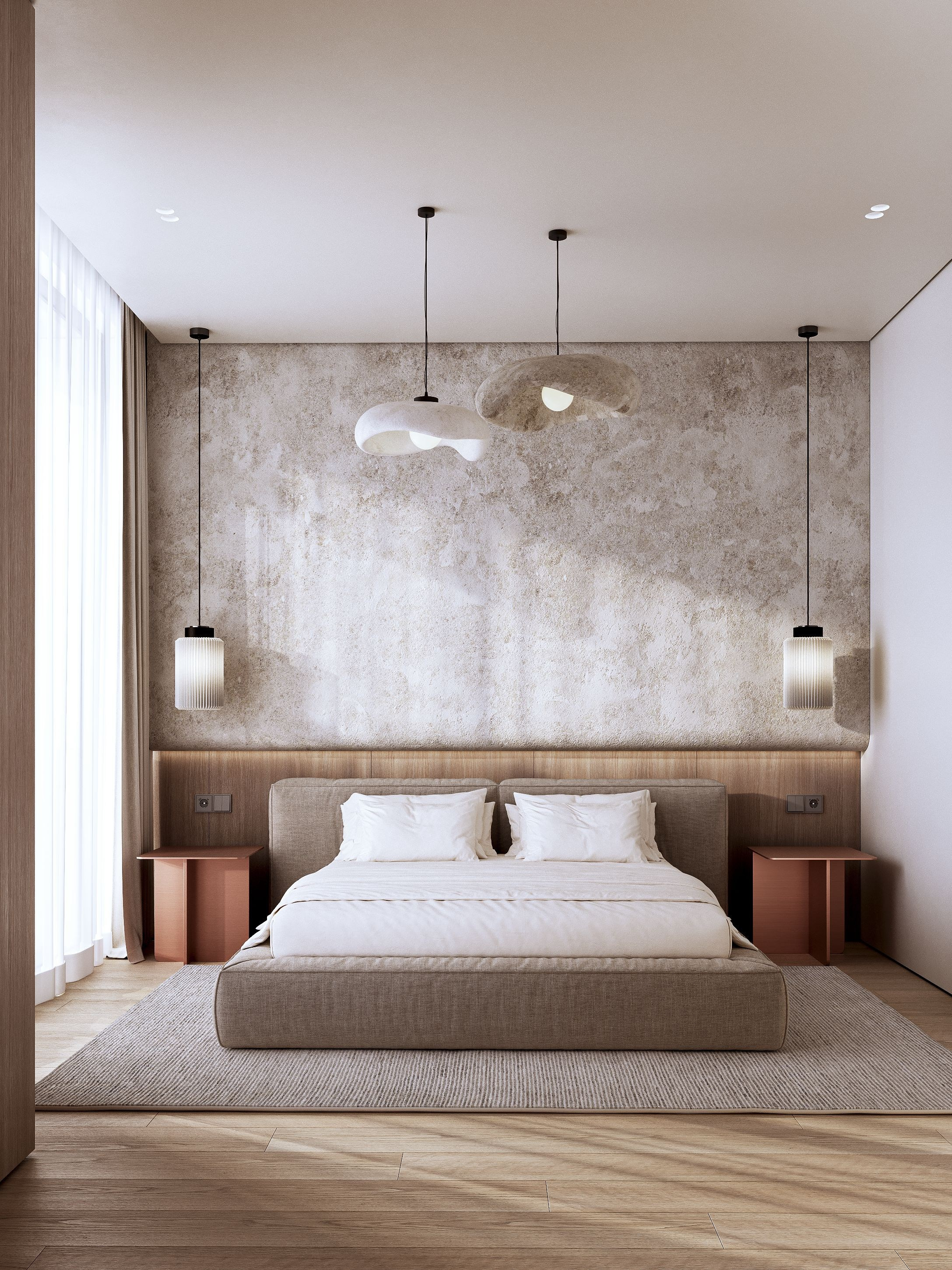 визуализация спальни в нежных тонах  в сером минималистичном современном  стиле на Бали 