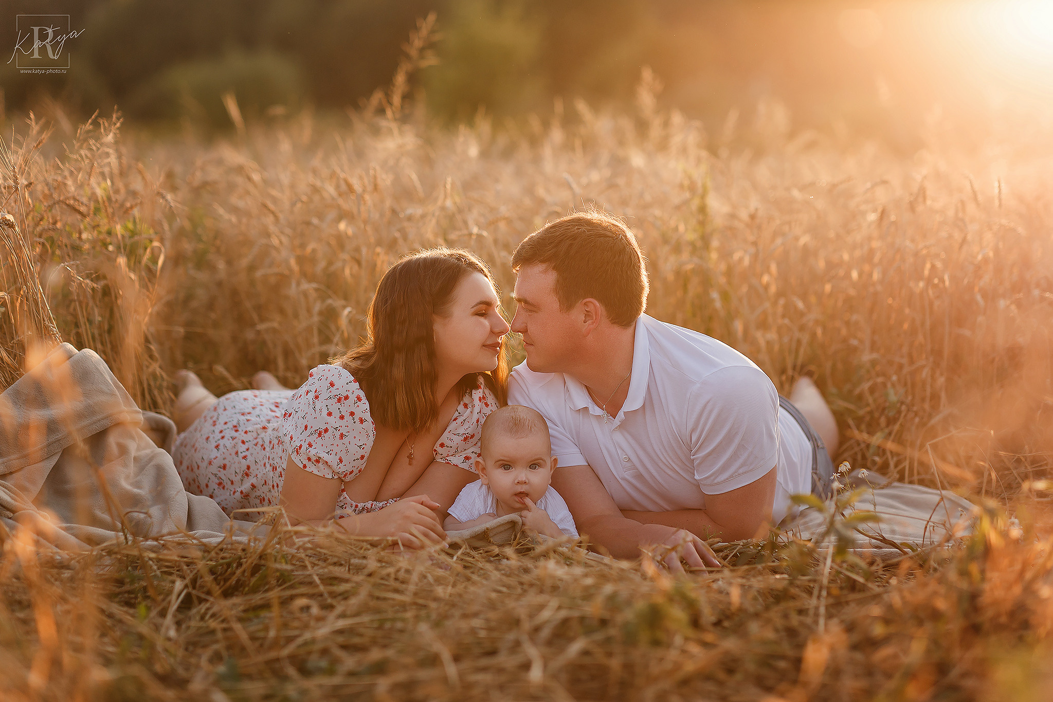 семья лежит в пшеничном поле на закате