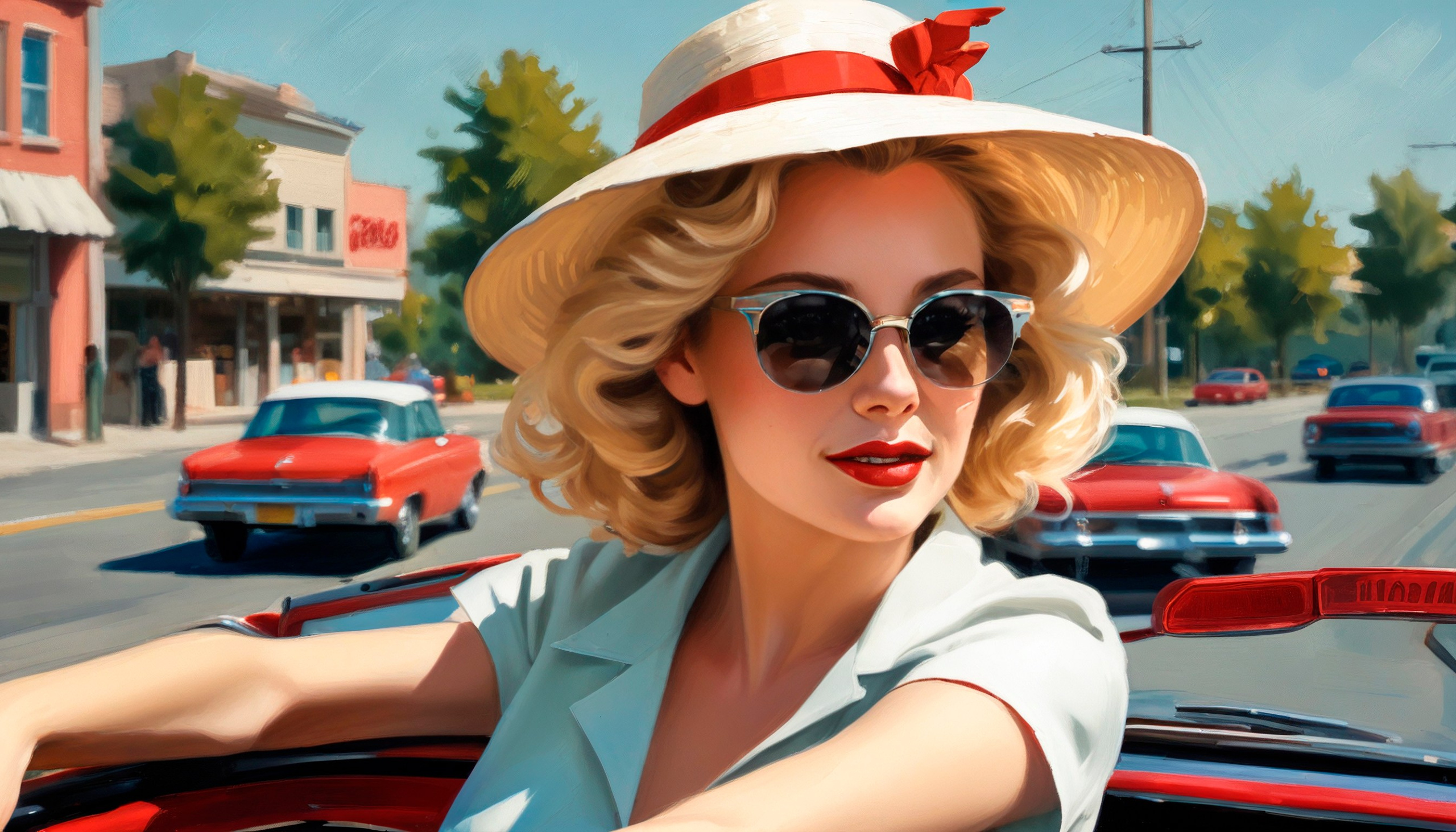 Blonde in a hat and sunglasses in the cabin of an open car,summer,watercolor drawing..