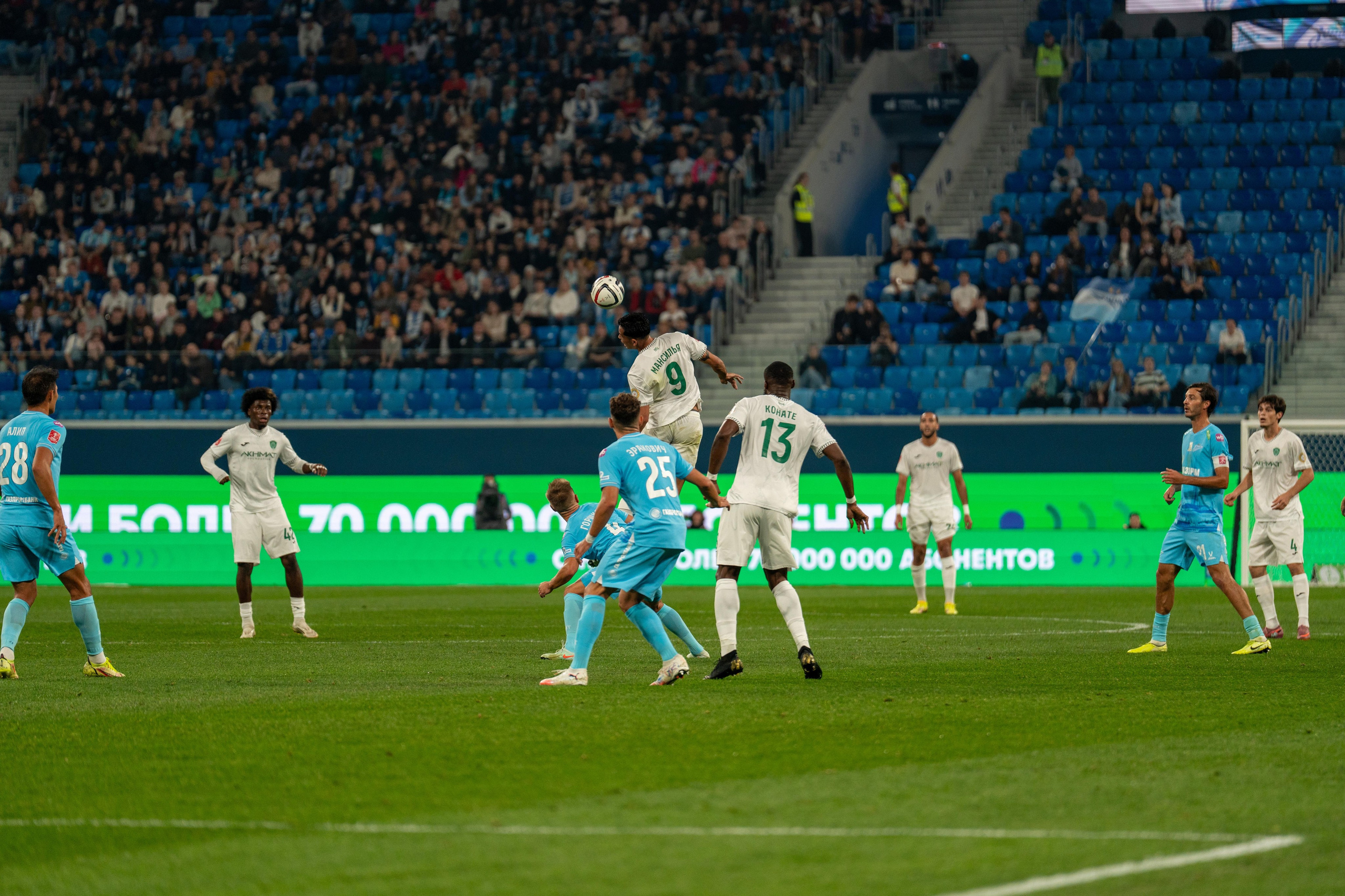 Передача мяча в матче Зенит–Ахмат, фотограф матч Санкт-Петербург