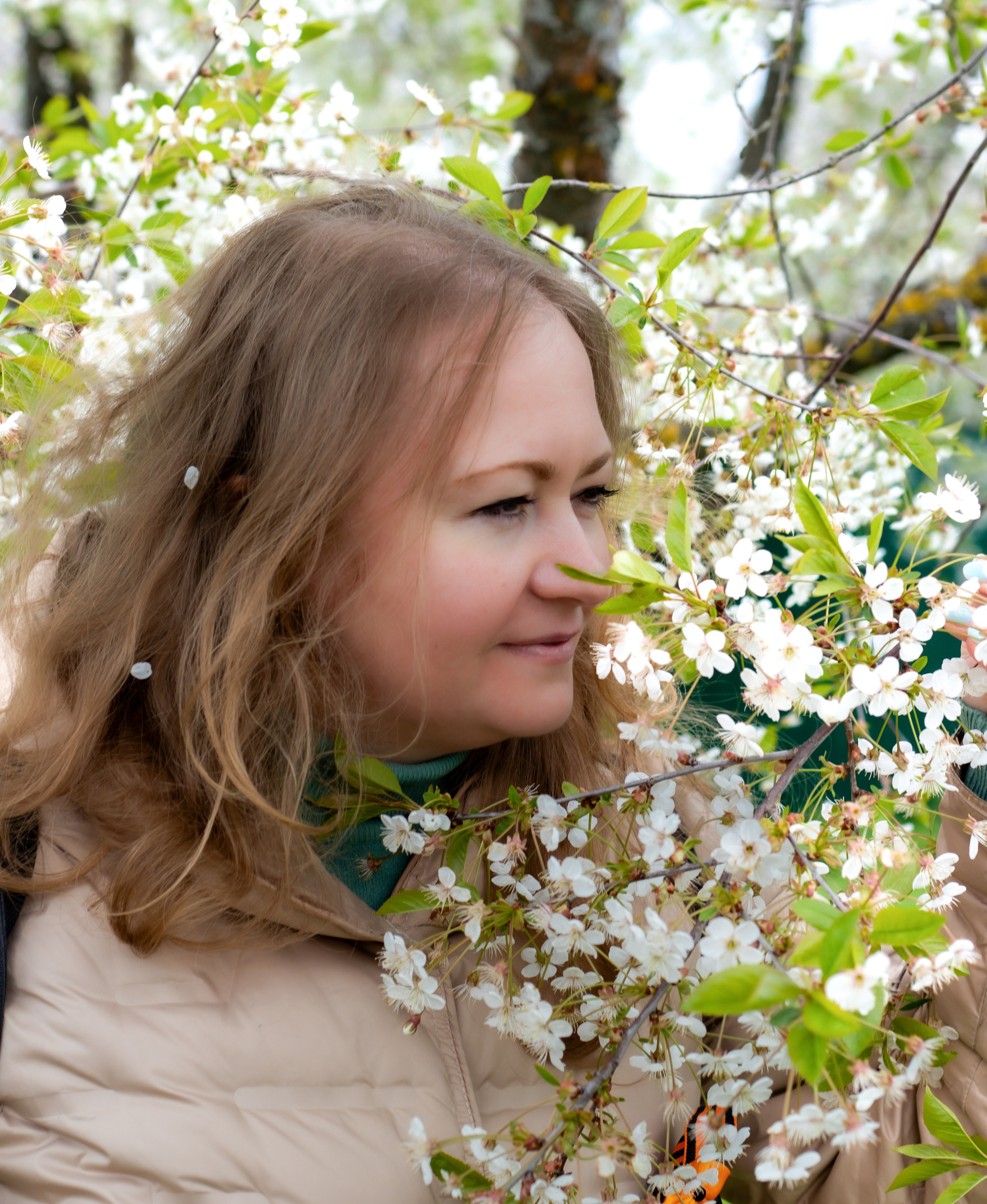 Фотосессия в цветущем саду среди белоснежных цветов вишни Москва прекрасная девушка на фоне цветов