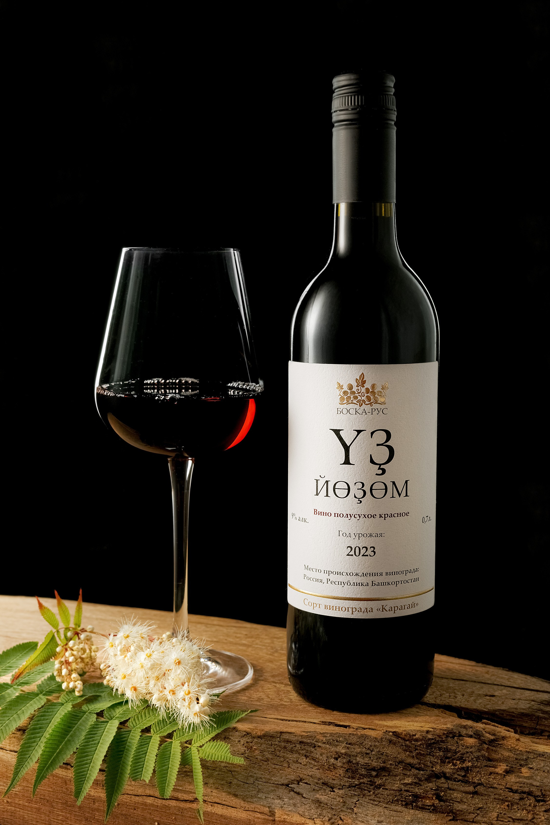 Бутылка красного вина с бокалом на темном фоне