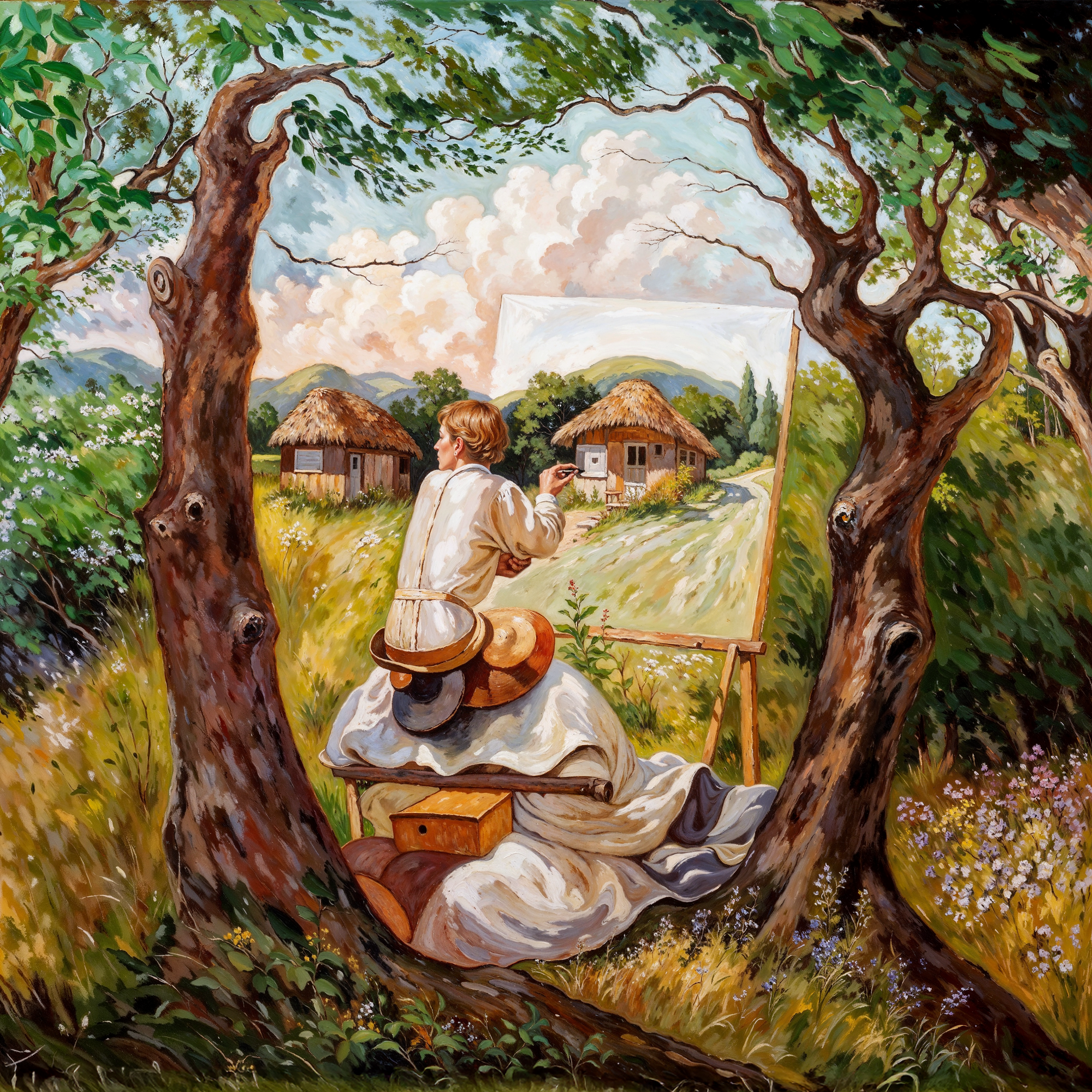 Художник рисует природу, но становится частью иллюзии — элементы сцены складываются в лицо, словно сама природа наблюдает за ним. Адаптация по мотивам Oleg Shupliak, где взгляд мира скрыт в каждом дереве и мазке.