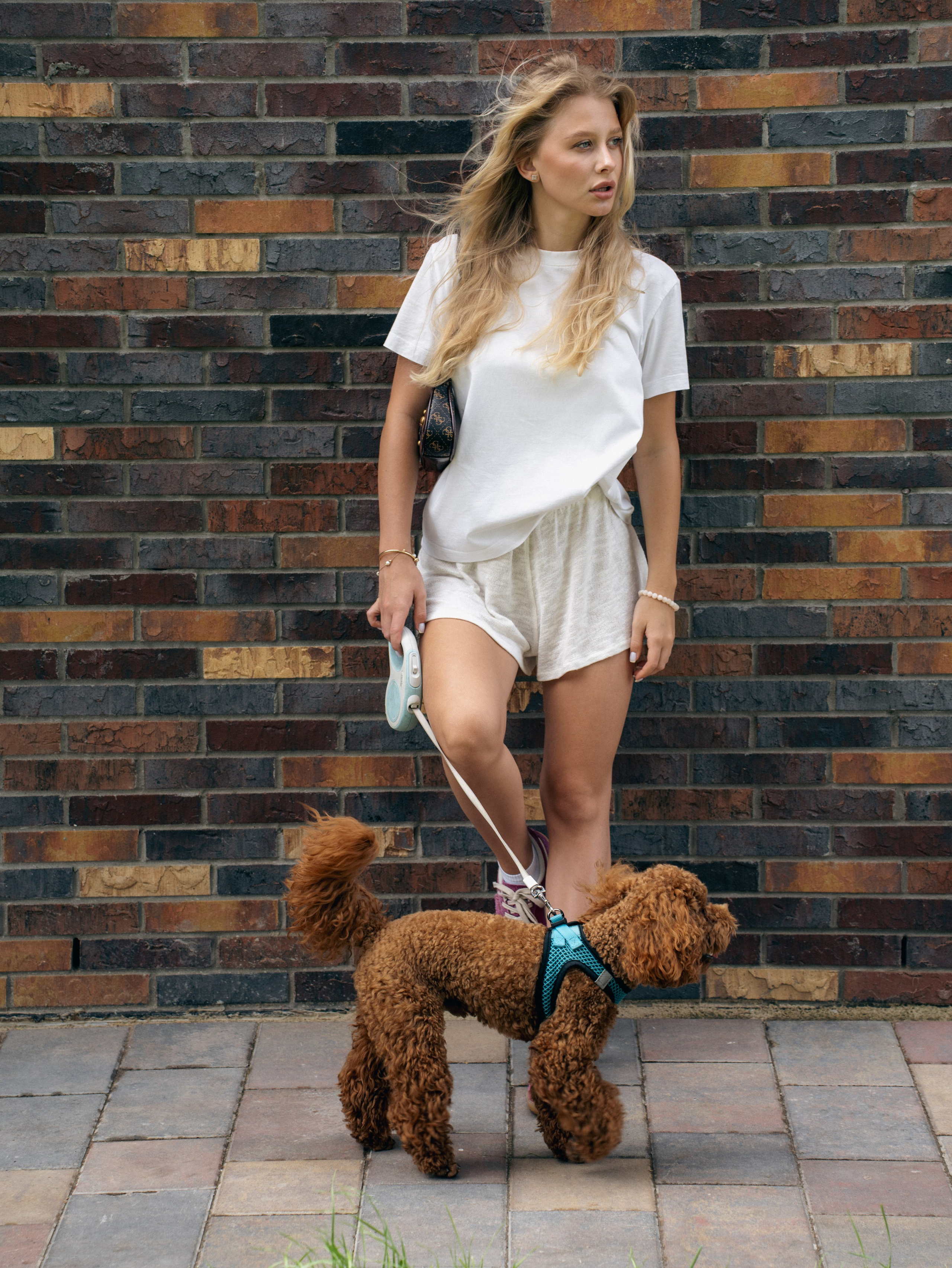 Стильная уличная фотосессия девушки с маленькой собачкой