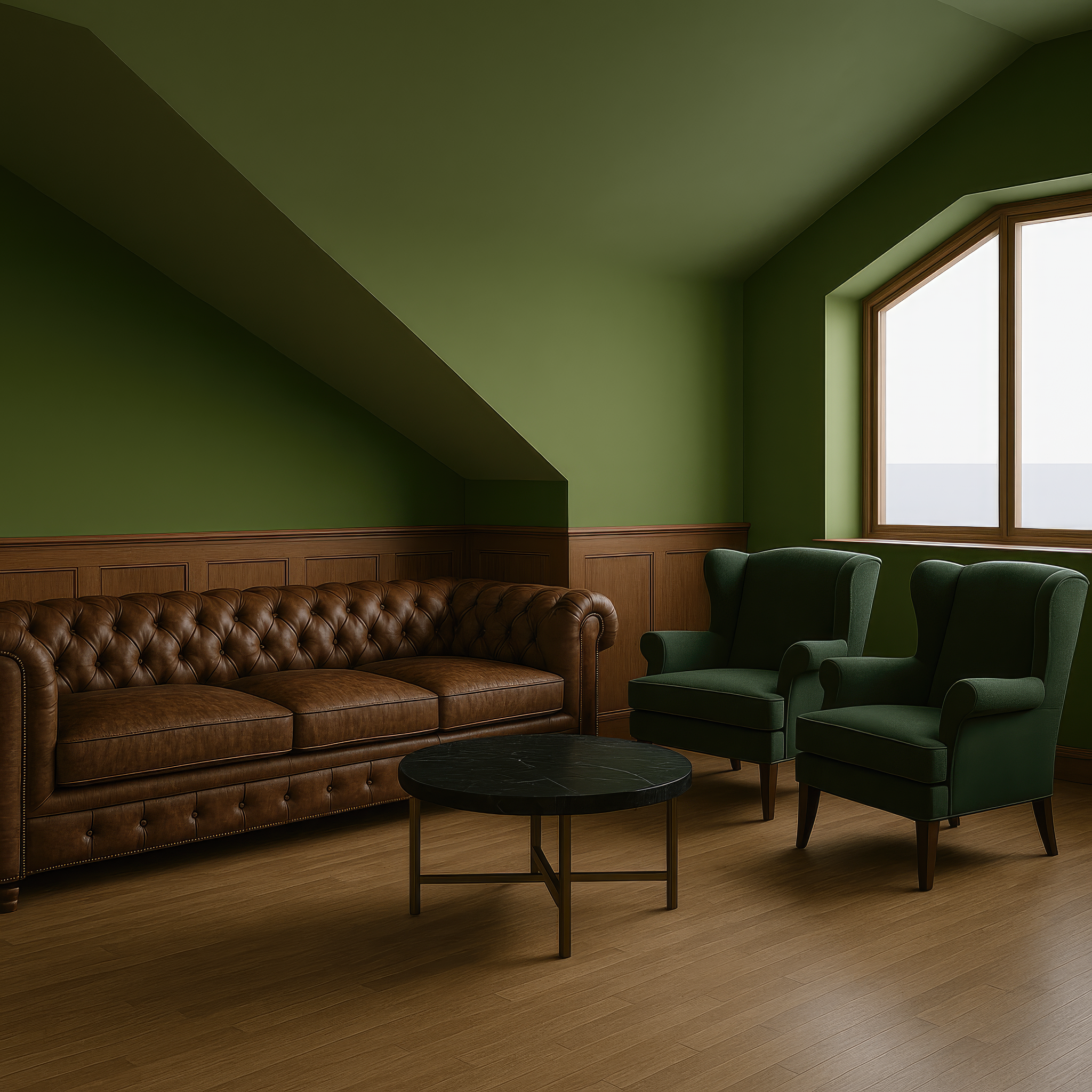 Элегантный вид гостиной с зелёными креслами и большим окном