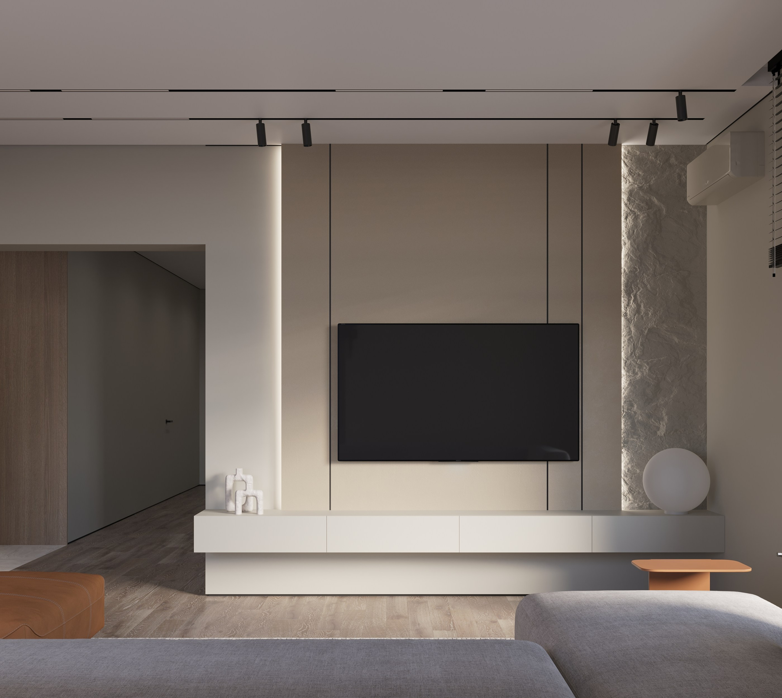 телевизионная зона с подвесной тумбой для техники и рельефной фактурной стеной