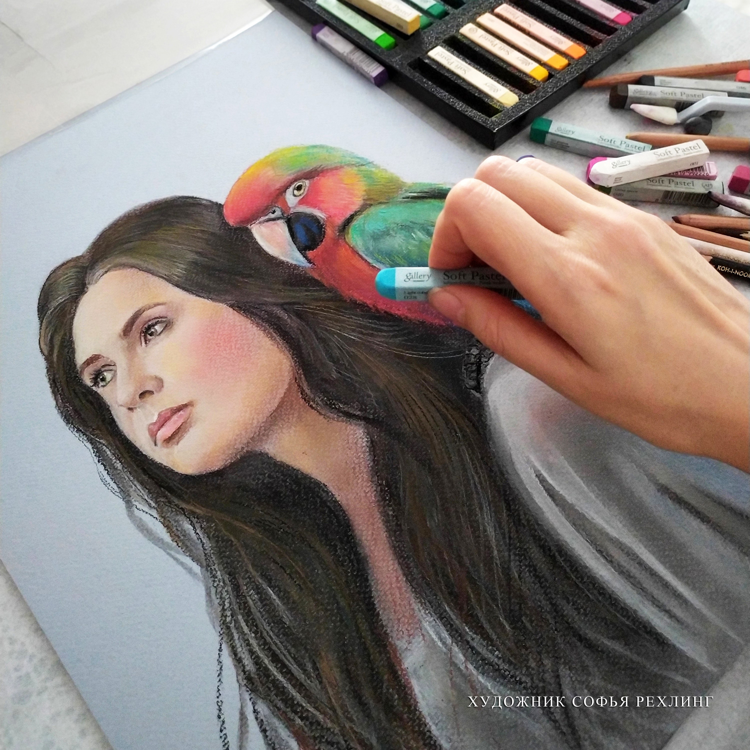 In the portrait I use dry pastels in the form of crayons and pencils.