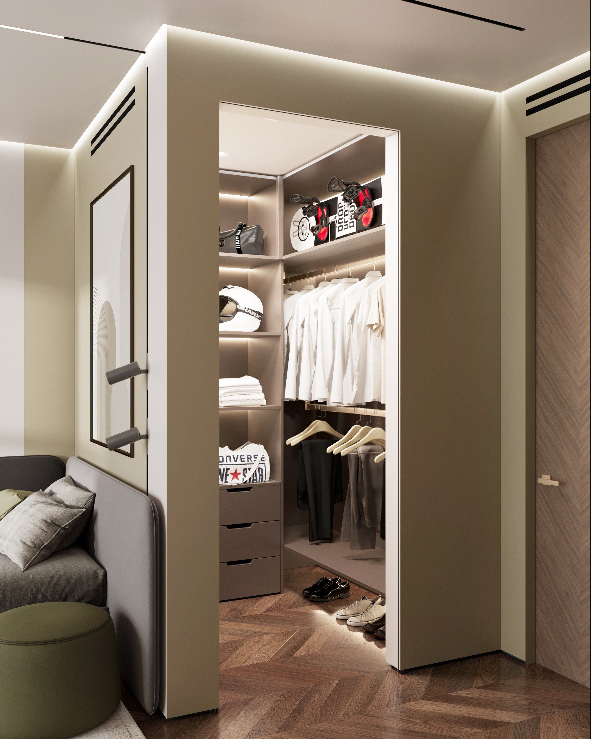 Рендер небольшой гардеробной внутри детской: открытые полки с одеждой, обувью и рюкзаками