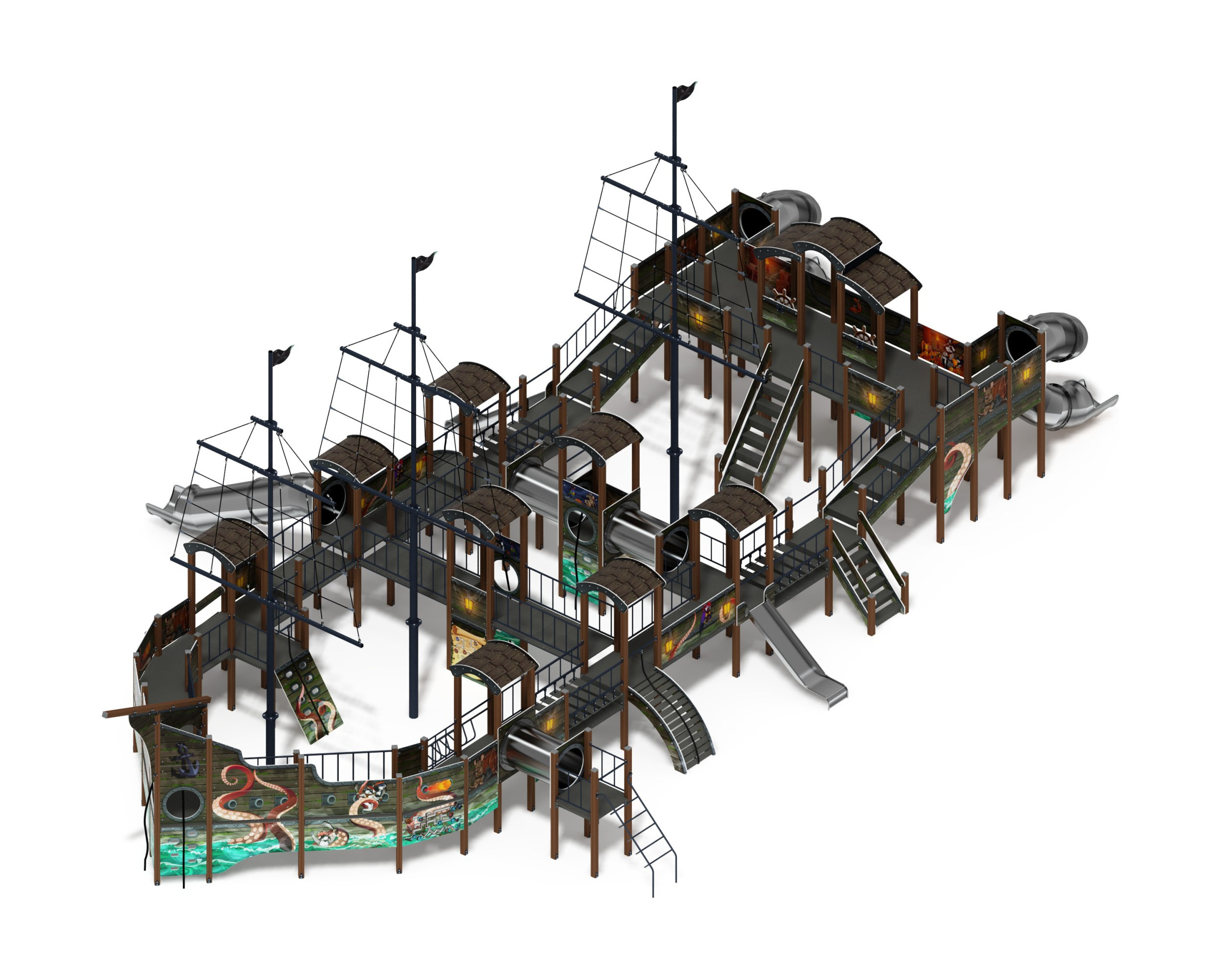 Баркентина (Летучий Голландец) - ДИК 2.03.3.06-21 - Игровой комплекс (нержавейка скат) H=1200, Н=1500, Н=2000                                                                    Габариты (ШхДхВ): 23420х14240х9460                                                                                                                                                                     Зона безопасности, мм:  26920х17740                                                                                                                                                              Скат горки: H=1200 (прямой скат) / H=1500 (винтовой скат) / H=2000 (винтовой скат)                                                                                                                                           Возрастные ограничения от 5 до 12 лет