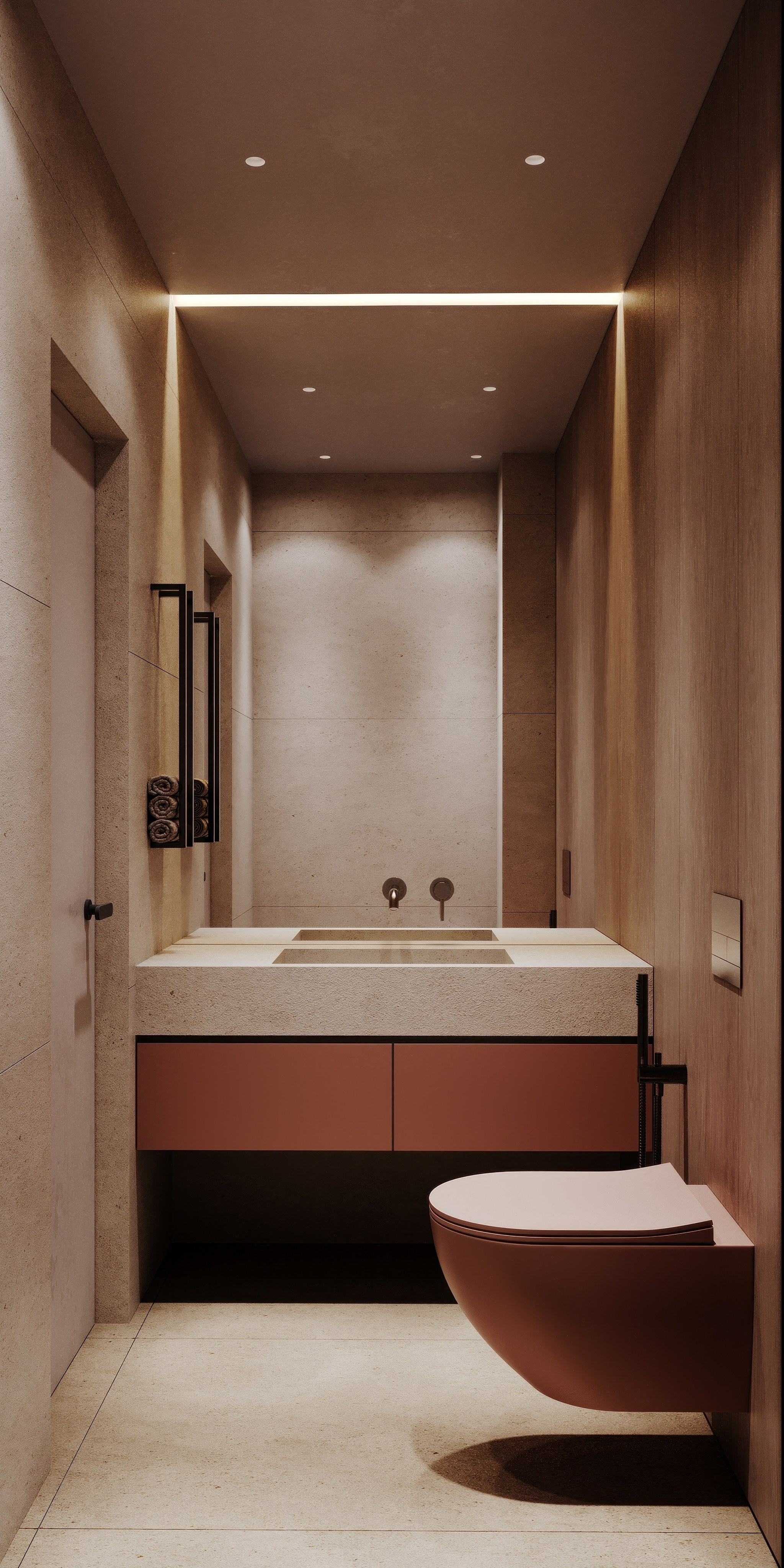 визуализация санузла в салоне красоты    в нежных тонах  в сером минималистичном современном  стиле