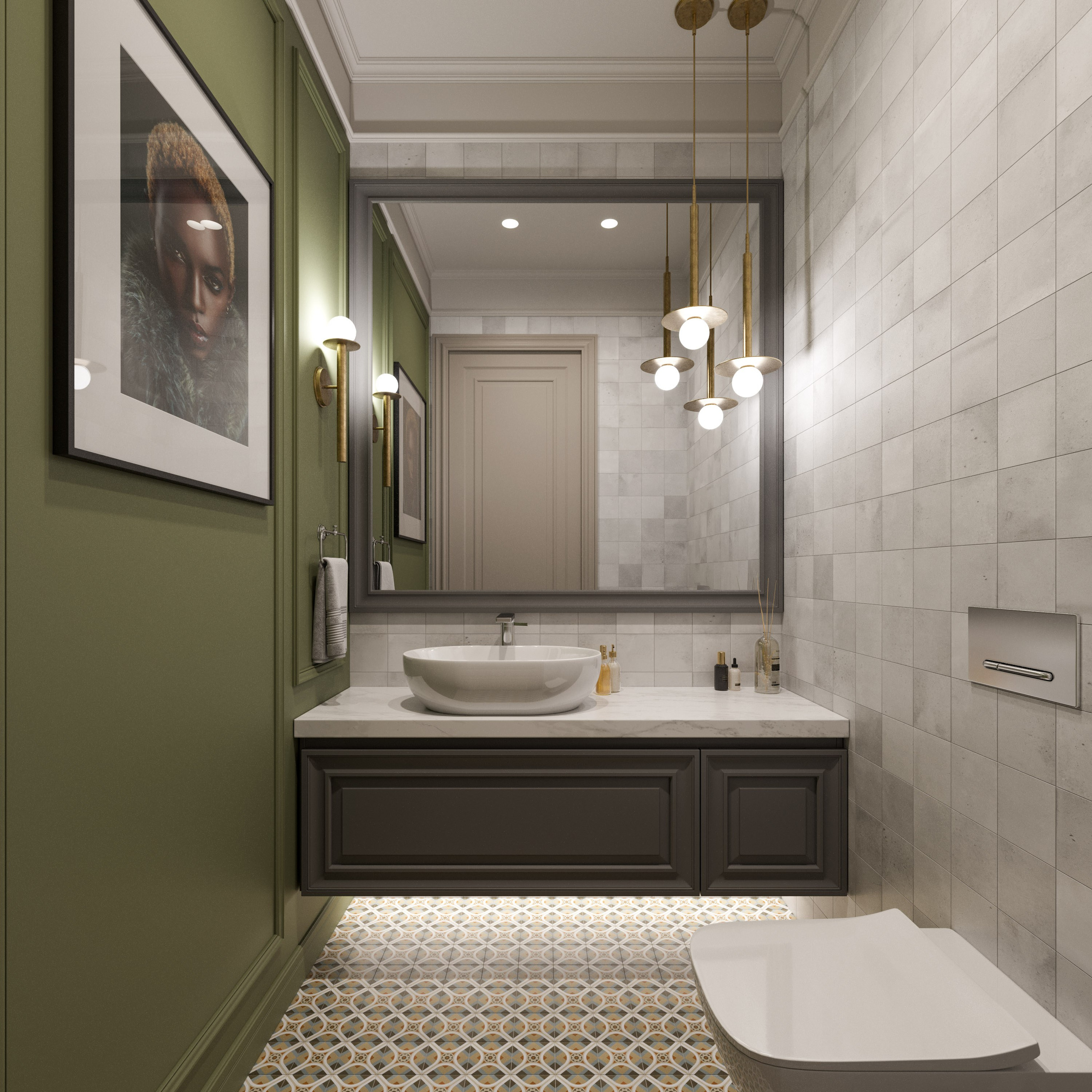 3D визуализация гостевого санузла с раковиной на мраморной опоре