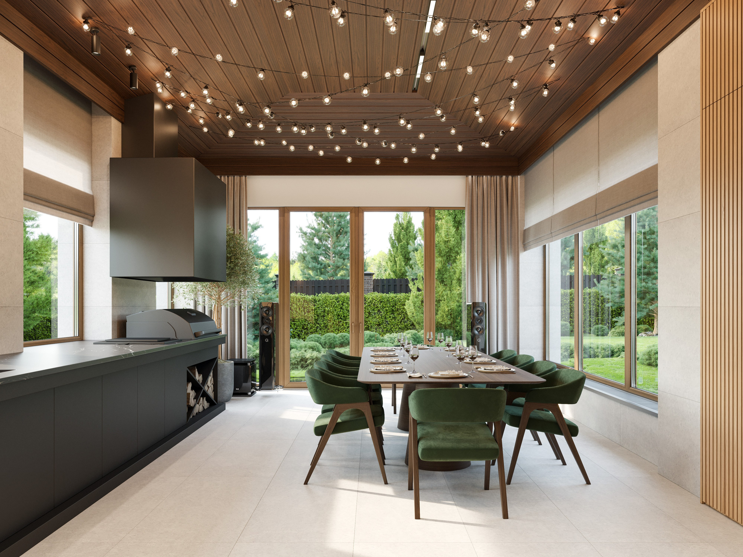 3D визуализация веранды загородного дома с зоной гриля и обеденной группой