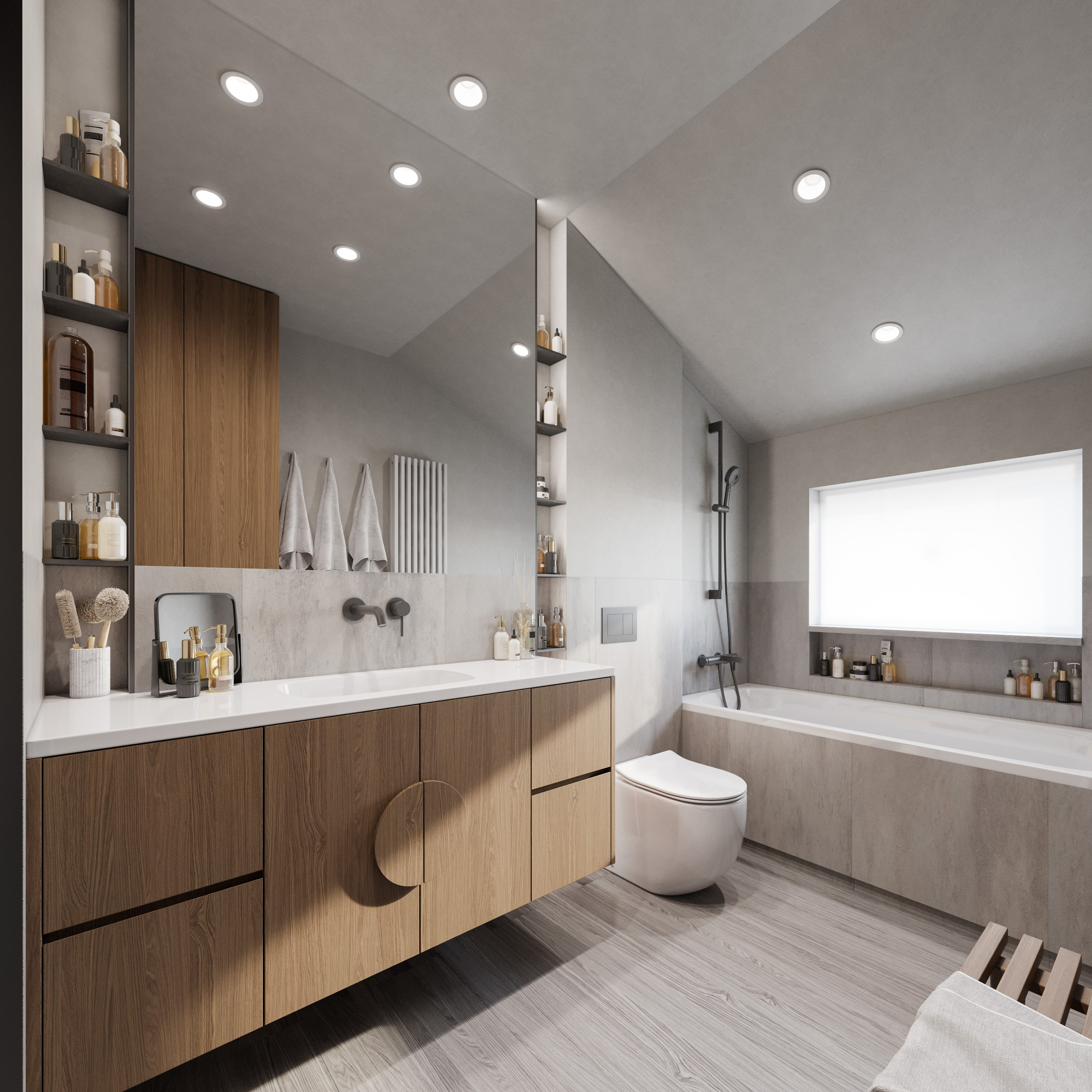 3D визуализация санузла с деревянной отделкой и ванной