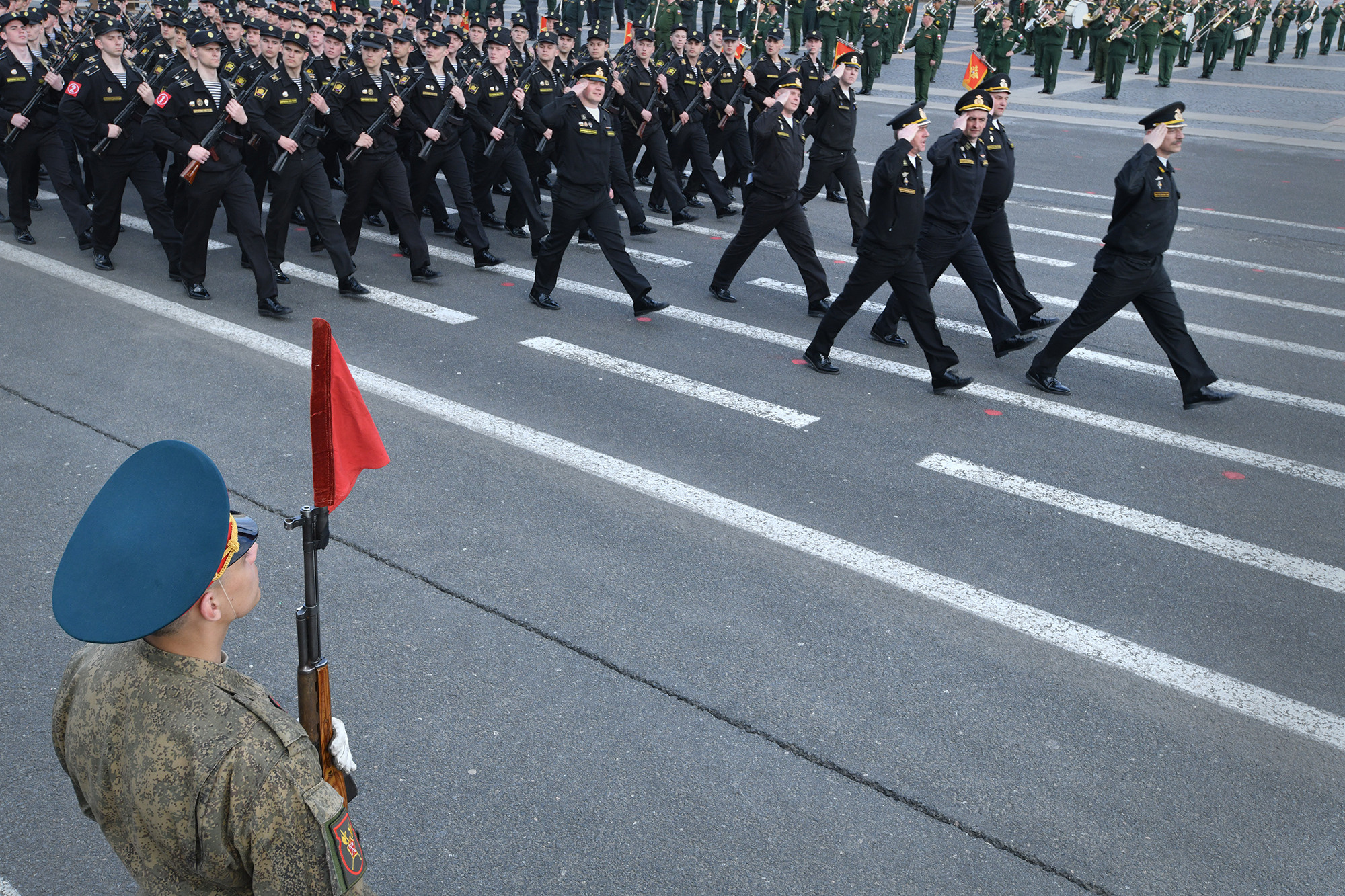 Russian Armed Forces soldiers march on Palace Square during a Victory Day parade rehearsal. St. Petersburg, April 25, 2023.