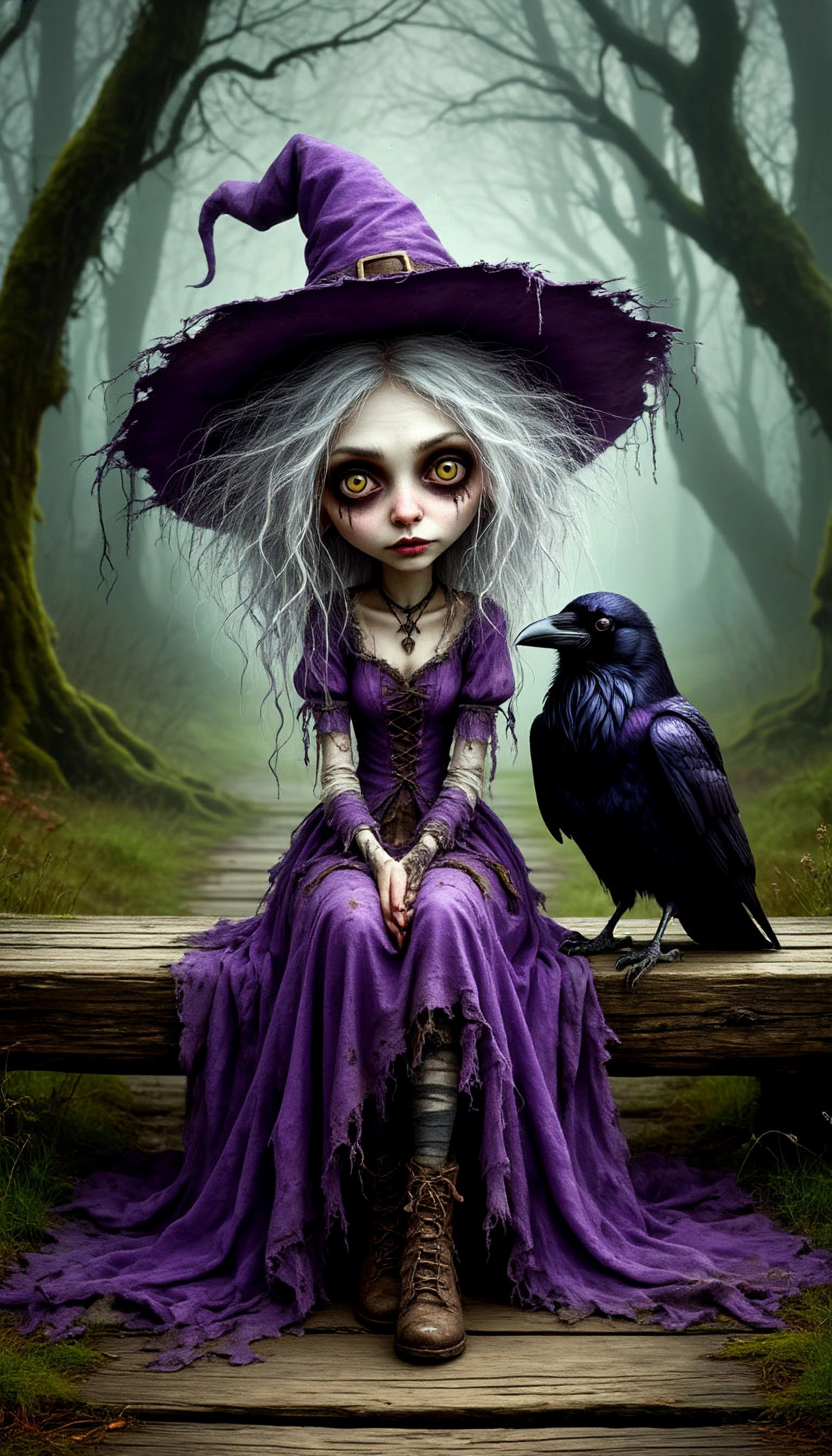 Ведьма с вороном в стиле Тима Бертона