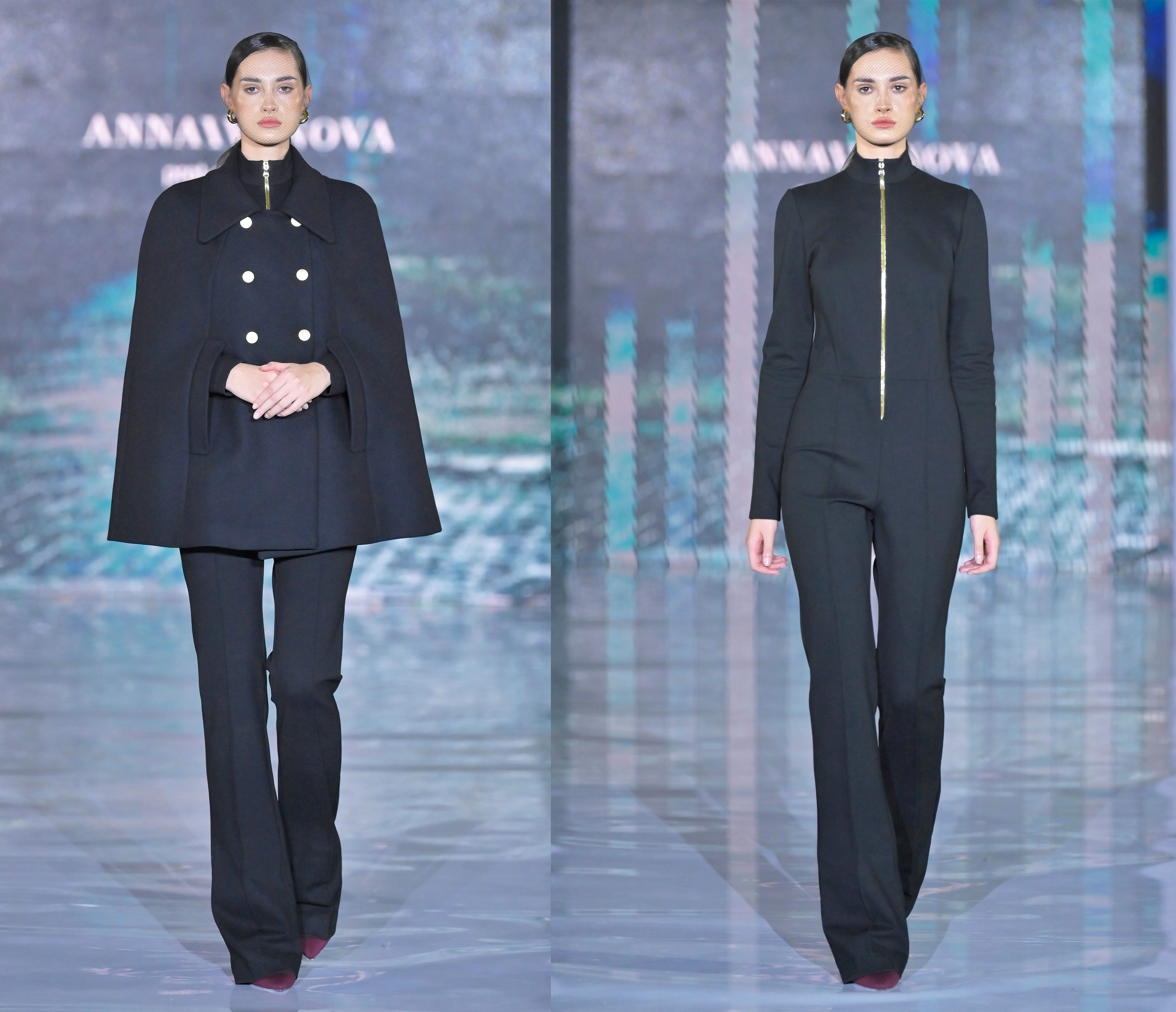 одна и та же модель на подиуме в разном образе от одного дизайнера