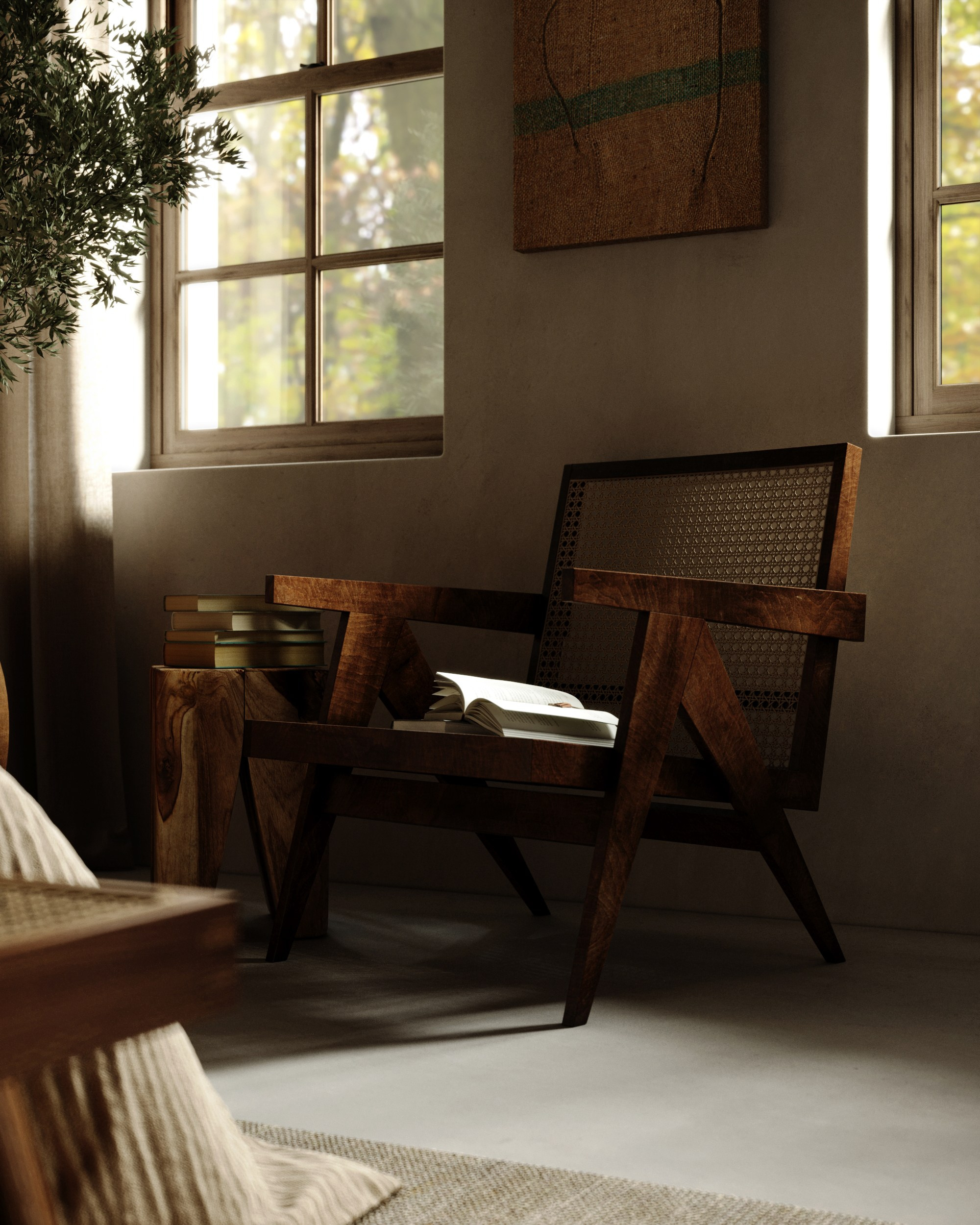 Спальня в стиле Wabi-Sabi. Создание 3д визуализаций. Анимированное видео. Сборка сцен