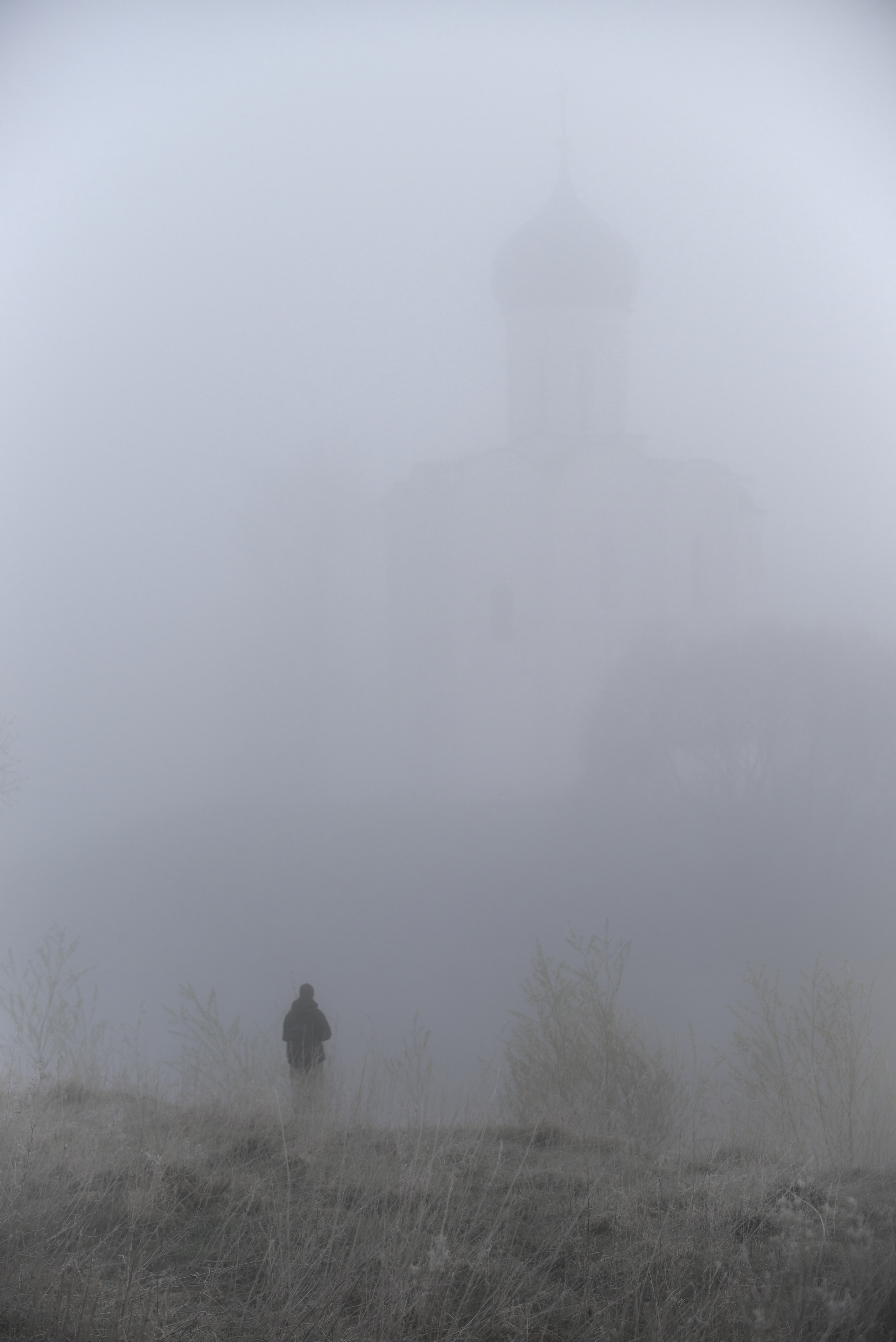 Человек смотрящий через туман на Церковь Покрова на Нерли