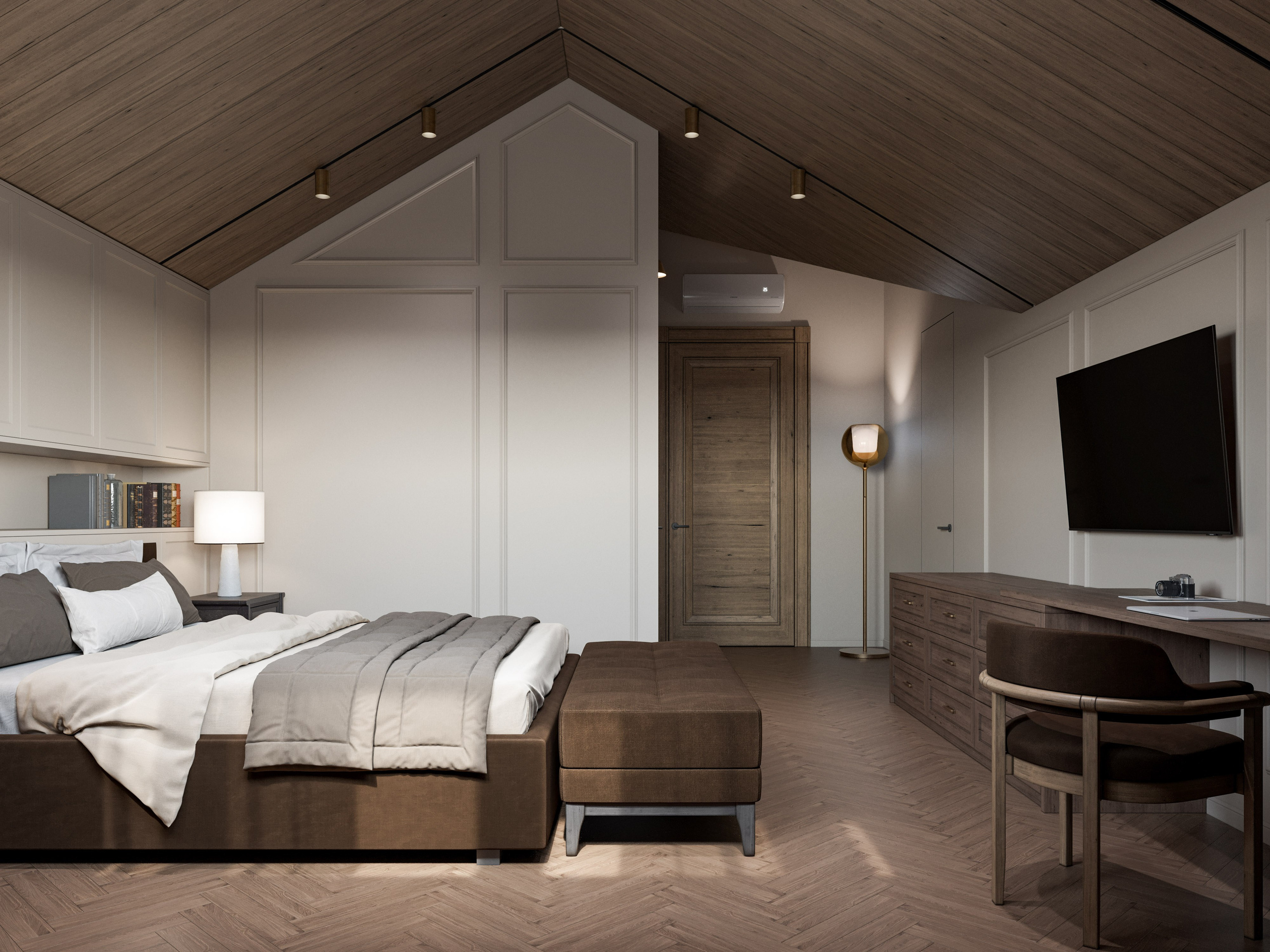 Мансардная спальня с деревянной отделкой и современной ванной комнатой