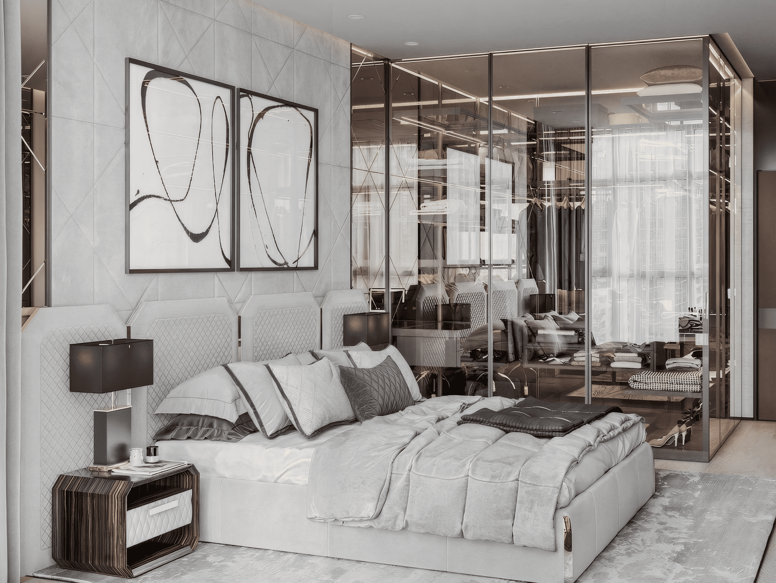 Премиальная мастер-спальня с прозрачной стеклянной гардеробной, дизайнерская кровать со светлым изголовьем, современные настольные лампы и зеркальные панели в проекте Валерии Котович.