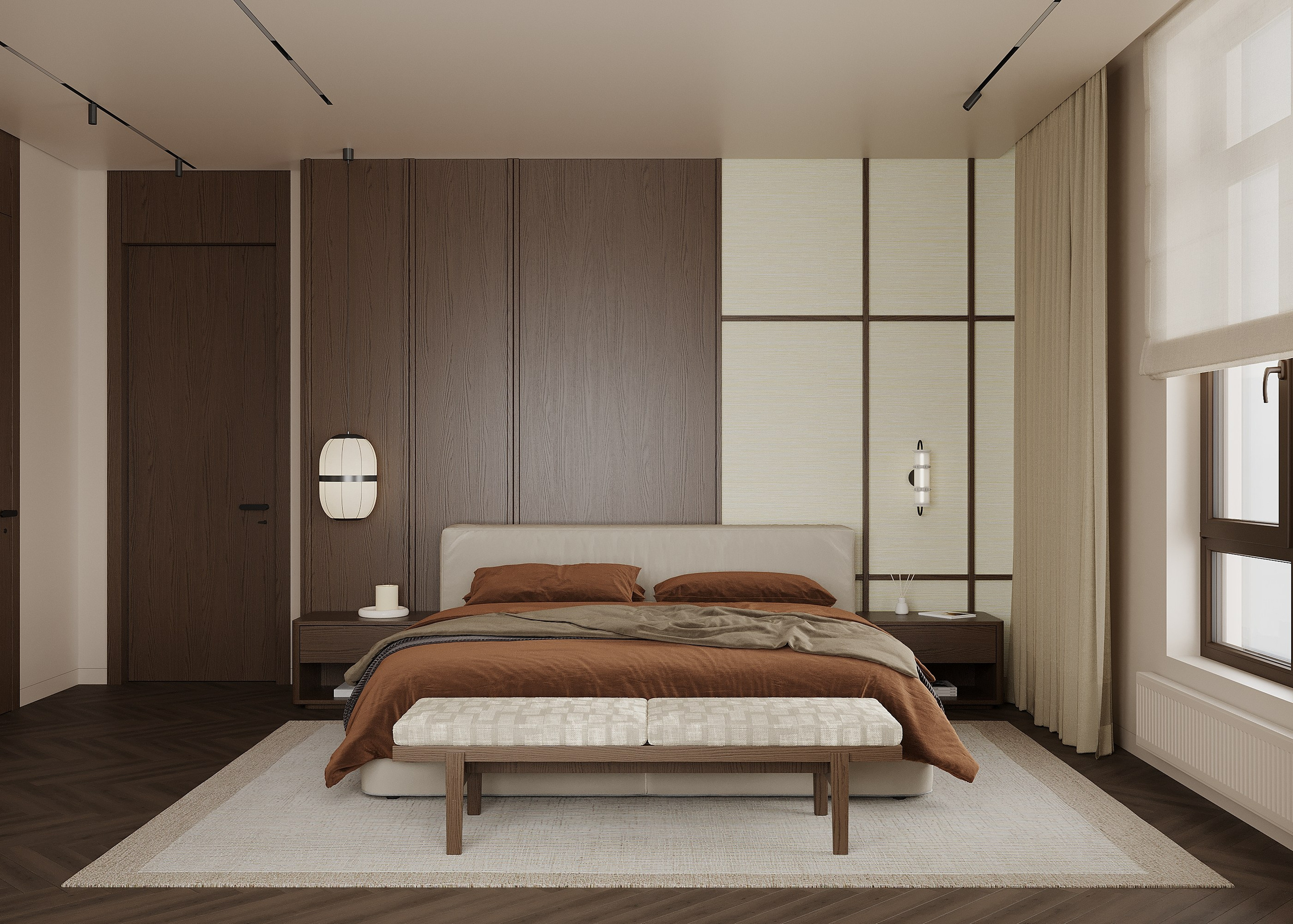 Вид на кровать в мастер спальне на фоне стены из шпонированных  панелей и тканевыми обоями   View of the bed in the master bedroom against a wall of veneered panels and fabric wallpaper