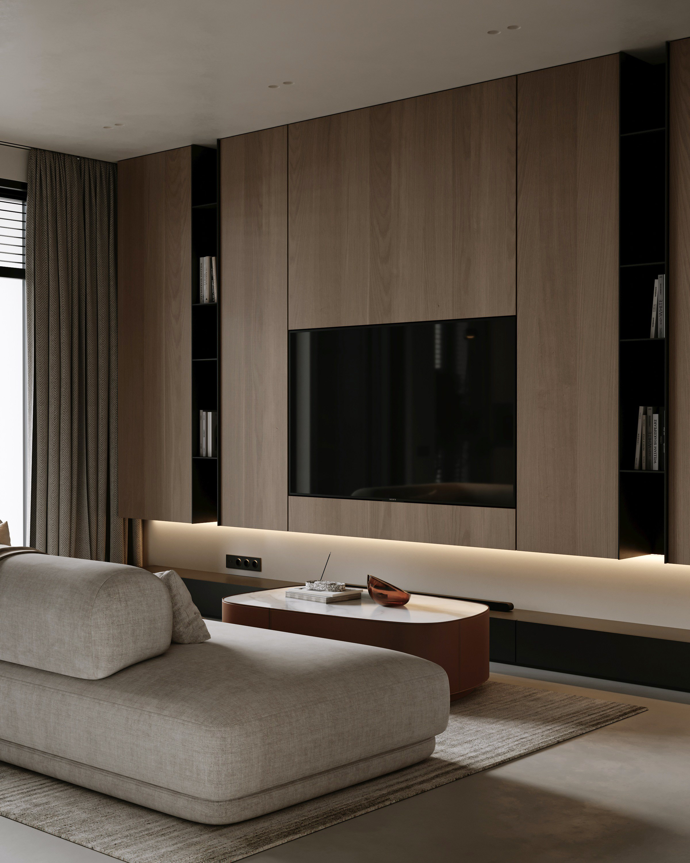 ТВ-зона в кухне-гостиной в стиле минимализм