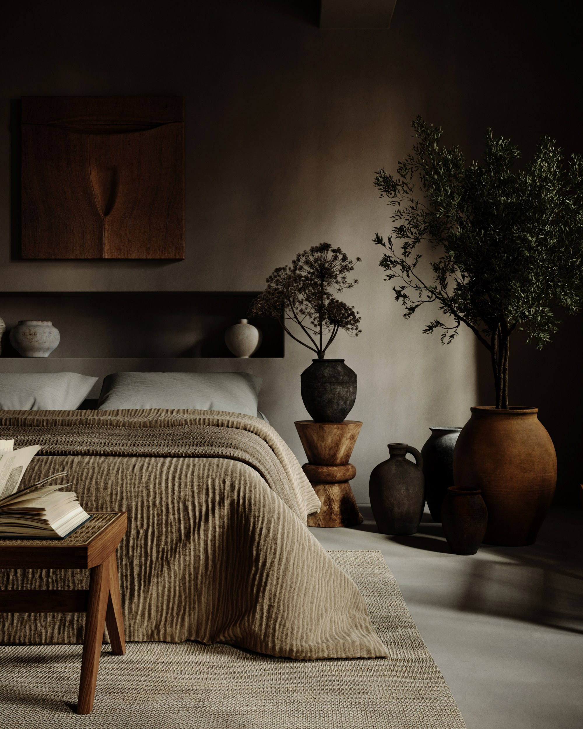 Спальня в стиле Wabi-Sabi. Создание 3д визуализаций. Анимированное видео. Сборка сцен