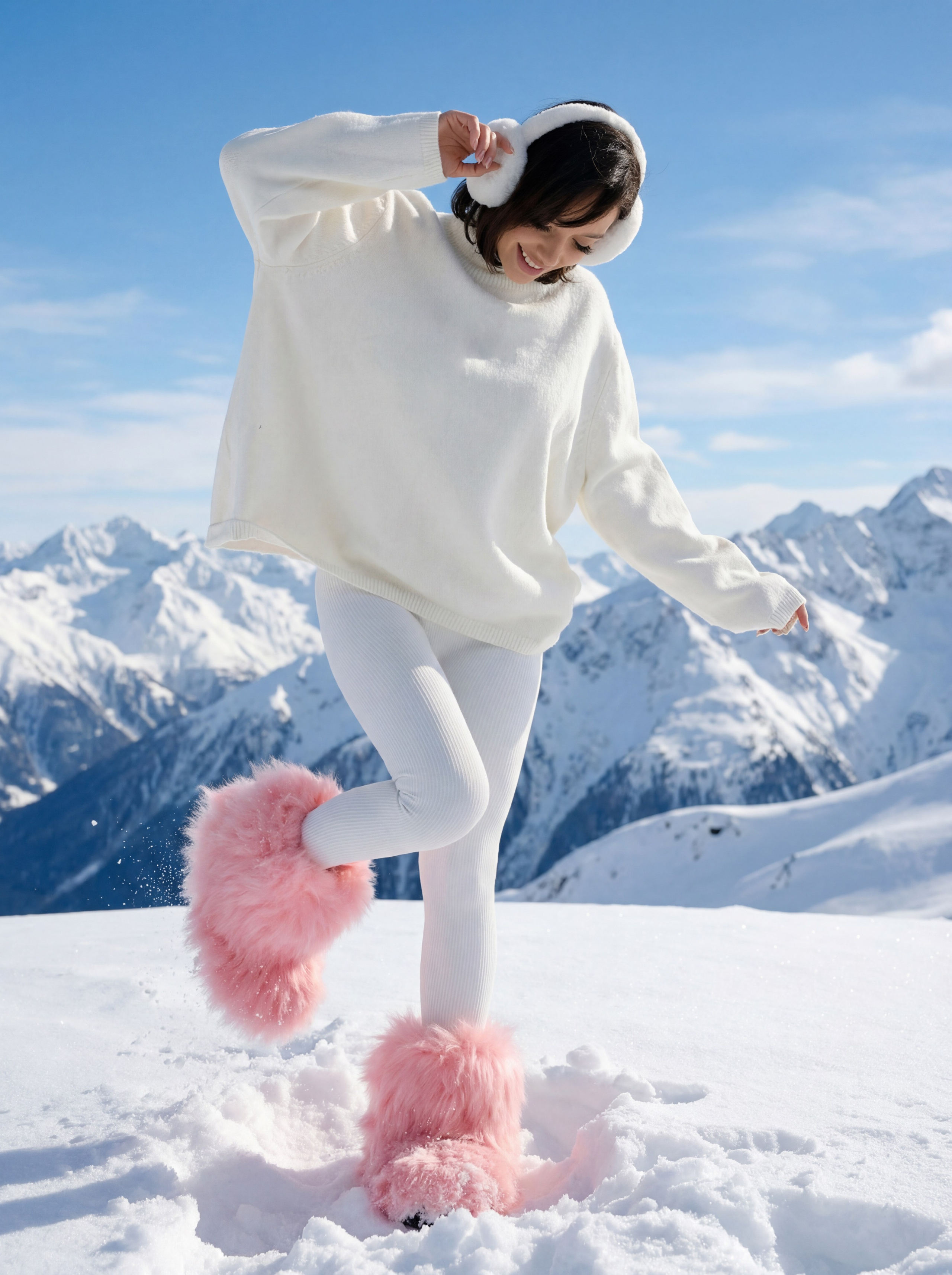 Девушка в цветных унтах в горах